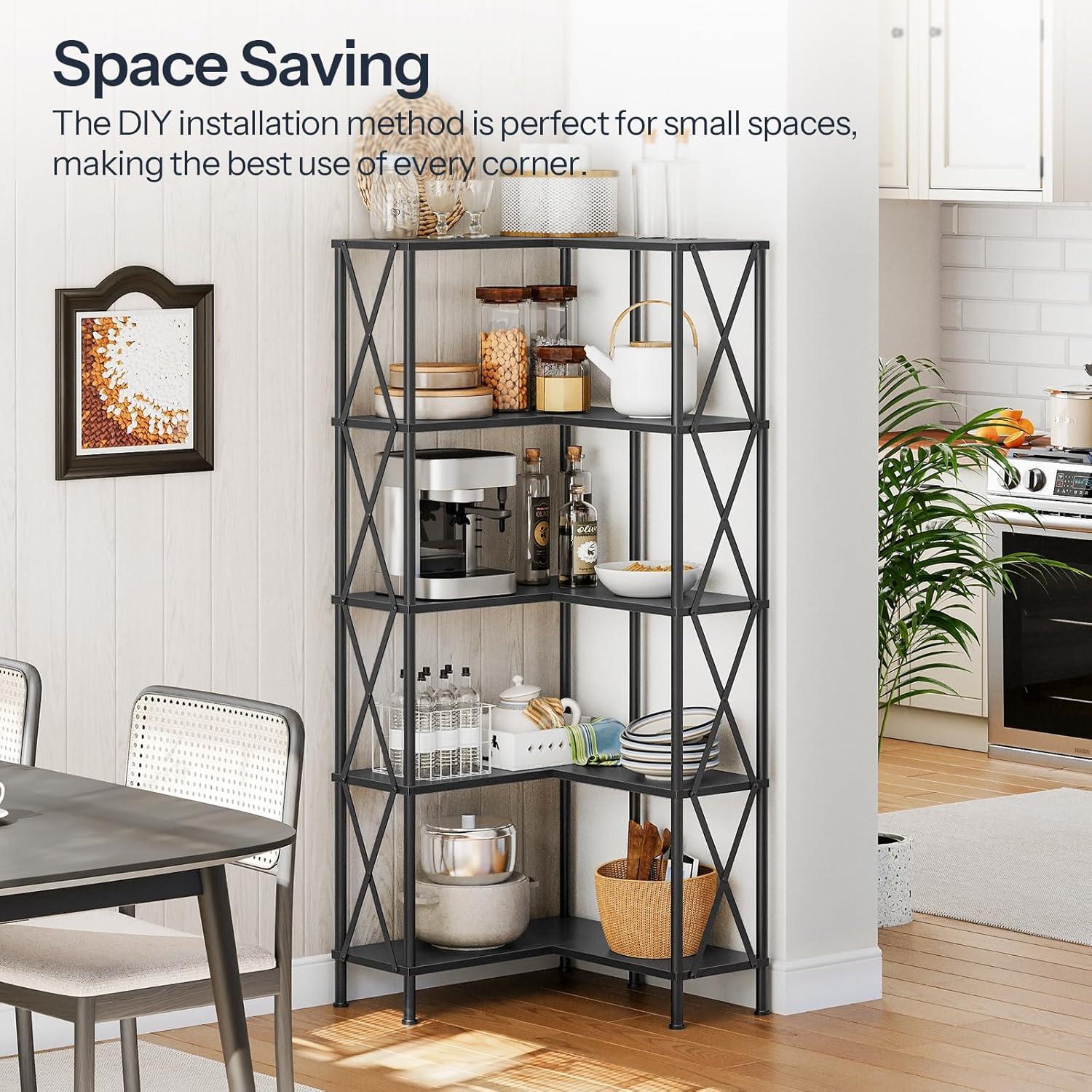 HOOBRO Corner Bookshelf, 5-Tier L-Shaped Bookcase, Industrial Open Display Shelf Tall Storage Organizer, Vertical Storage Rack, for Living Room, Home Office, Black BB60SJ01