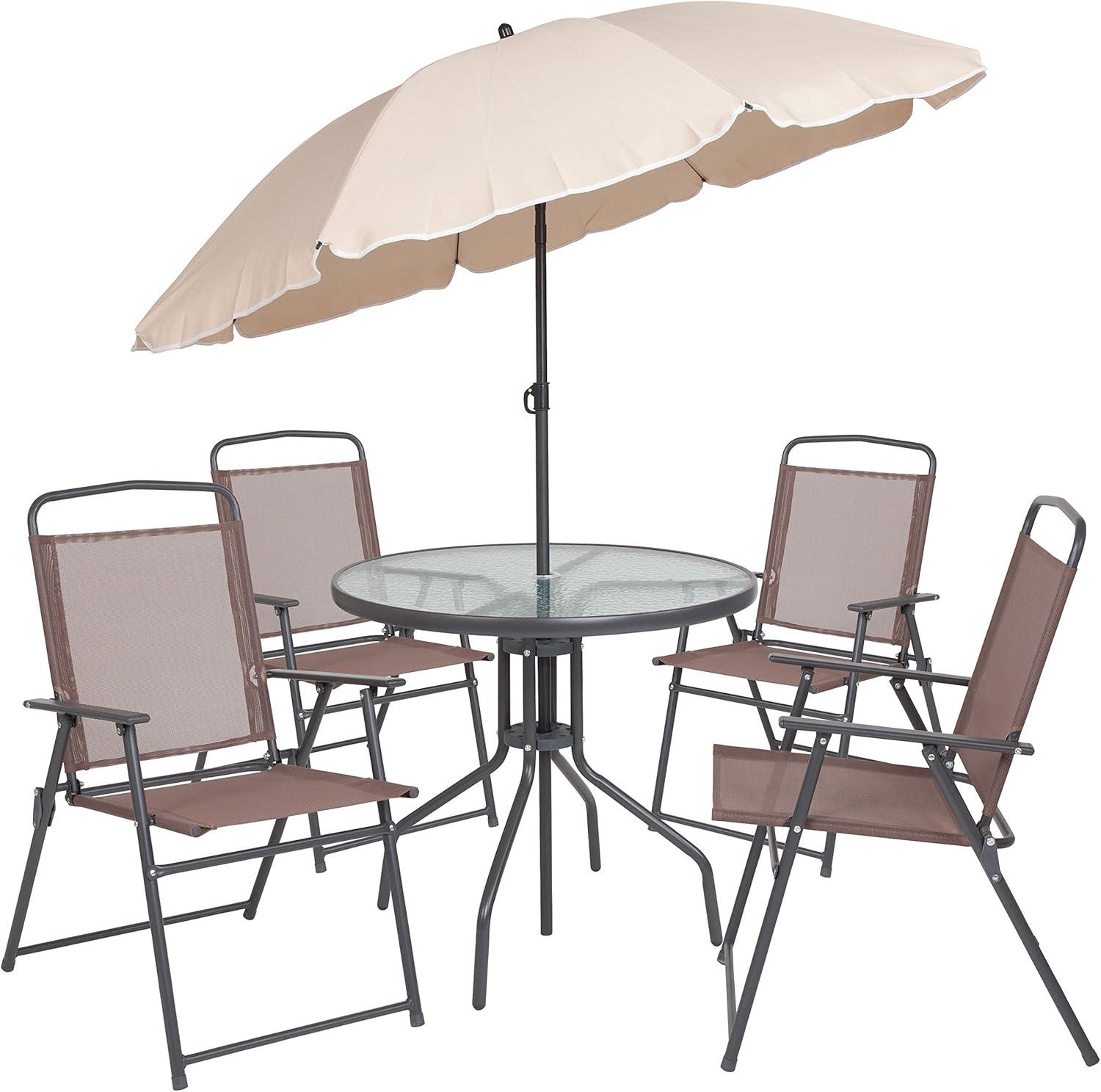 Flash Furniture Nantucket 6 Piece Patio Garden Set with Table, Umbrella and 4 Folding Chairs