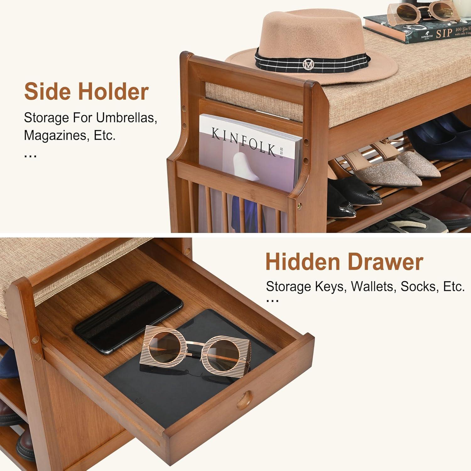Bamboo 2-Tier Shoe Storage Bench with Hidden Drawer