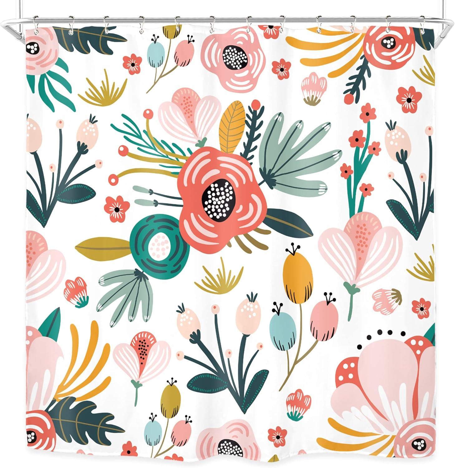 Red Barrel Studio® Pink Floral Shower Curtain For Bathroom Decor 72Wx72h Watercolor Colorful Flower Tropical Leaves Spring Botanical Sage Green Art Printed Fabric Polyester Waterproof 12 Pack Plastic Hooks