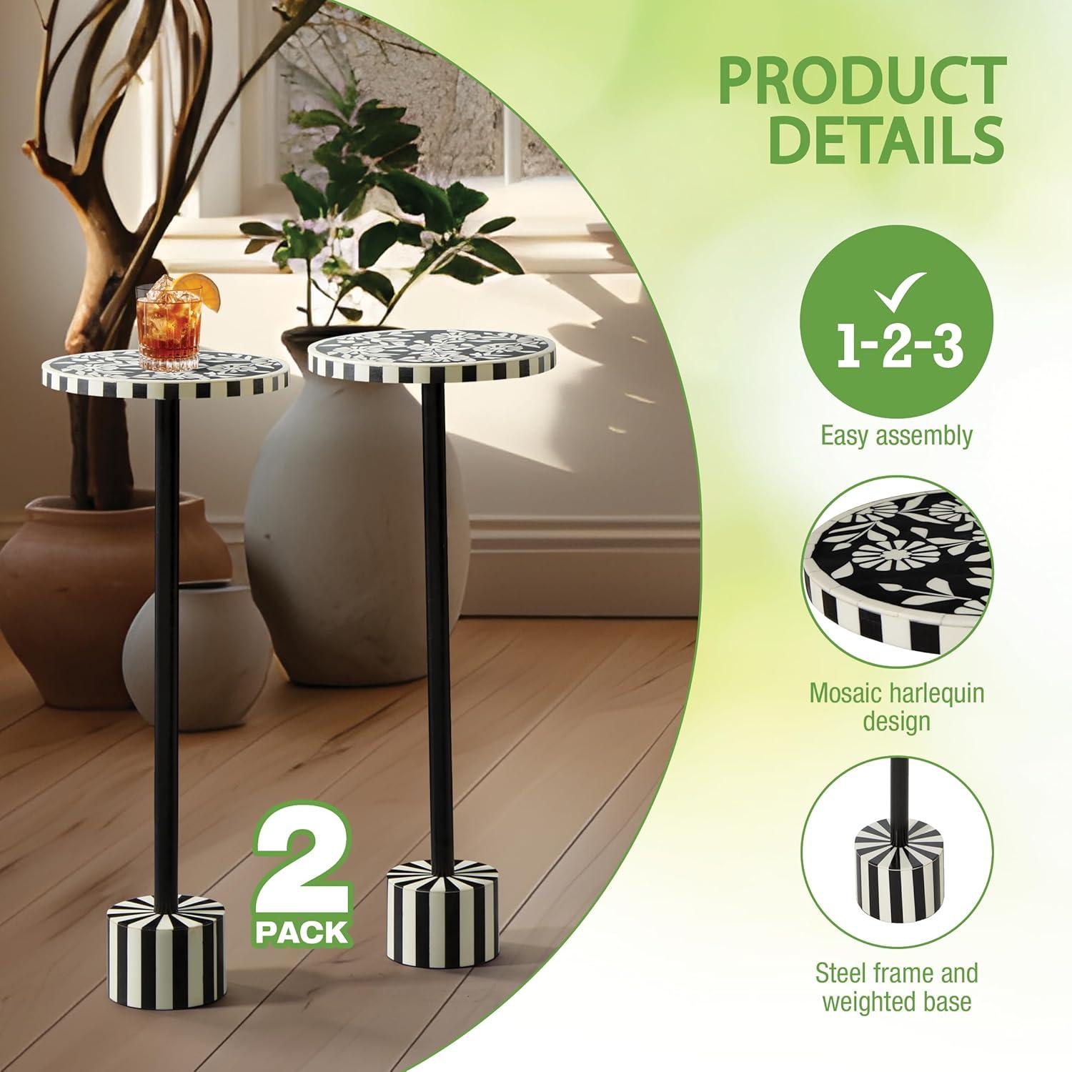 OSP Home Furnishings Round Side Table, Set of 2, Mosaic Black and White Top with Black Metal Base