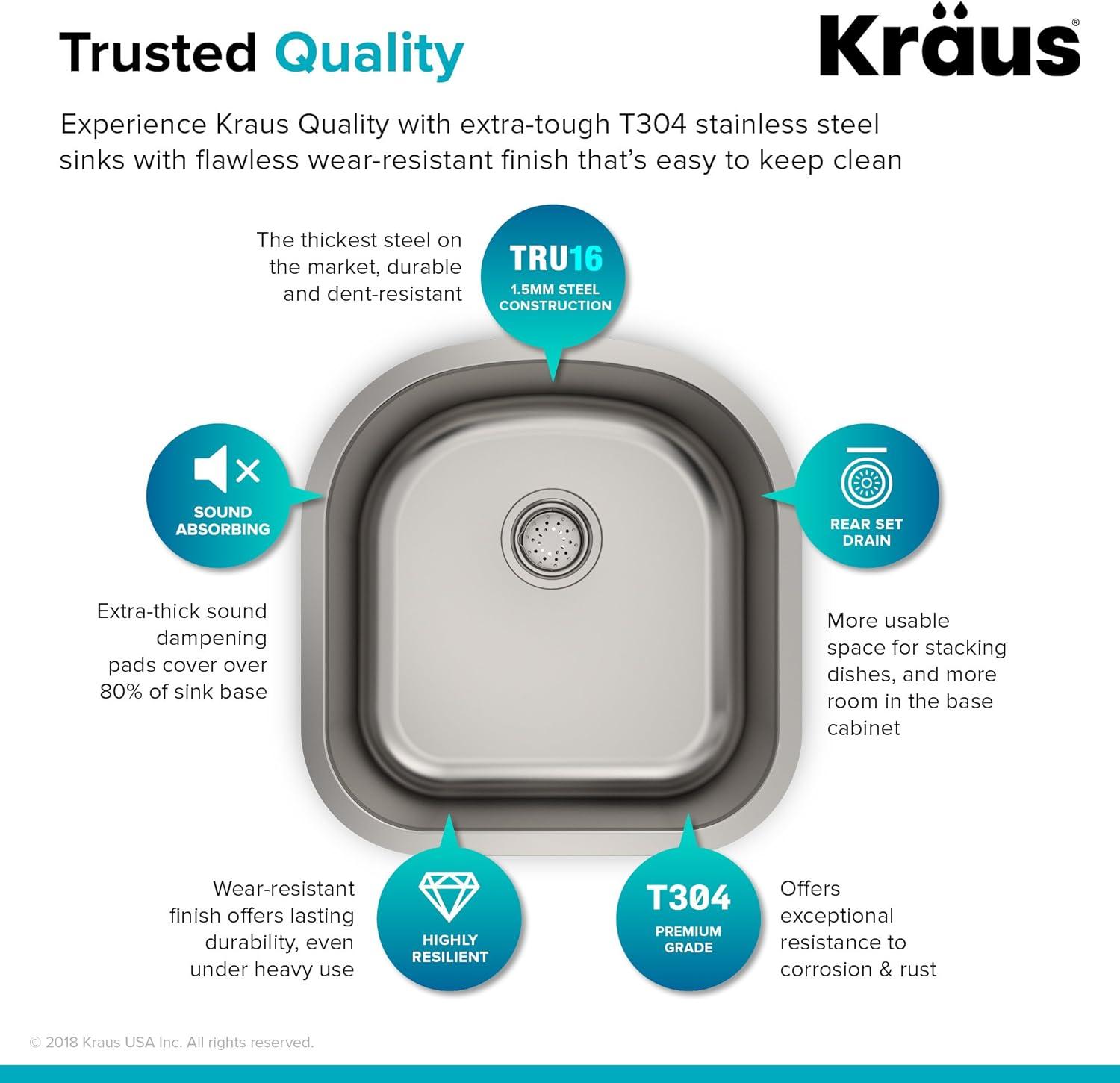 KRAUS Premier 16 Gauge Undermount Single Bowl Stainless Steel Kitchen Sink