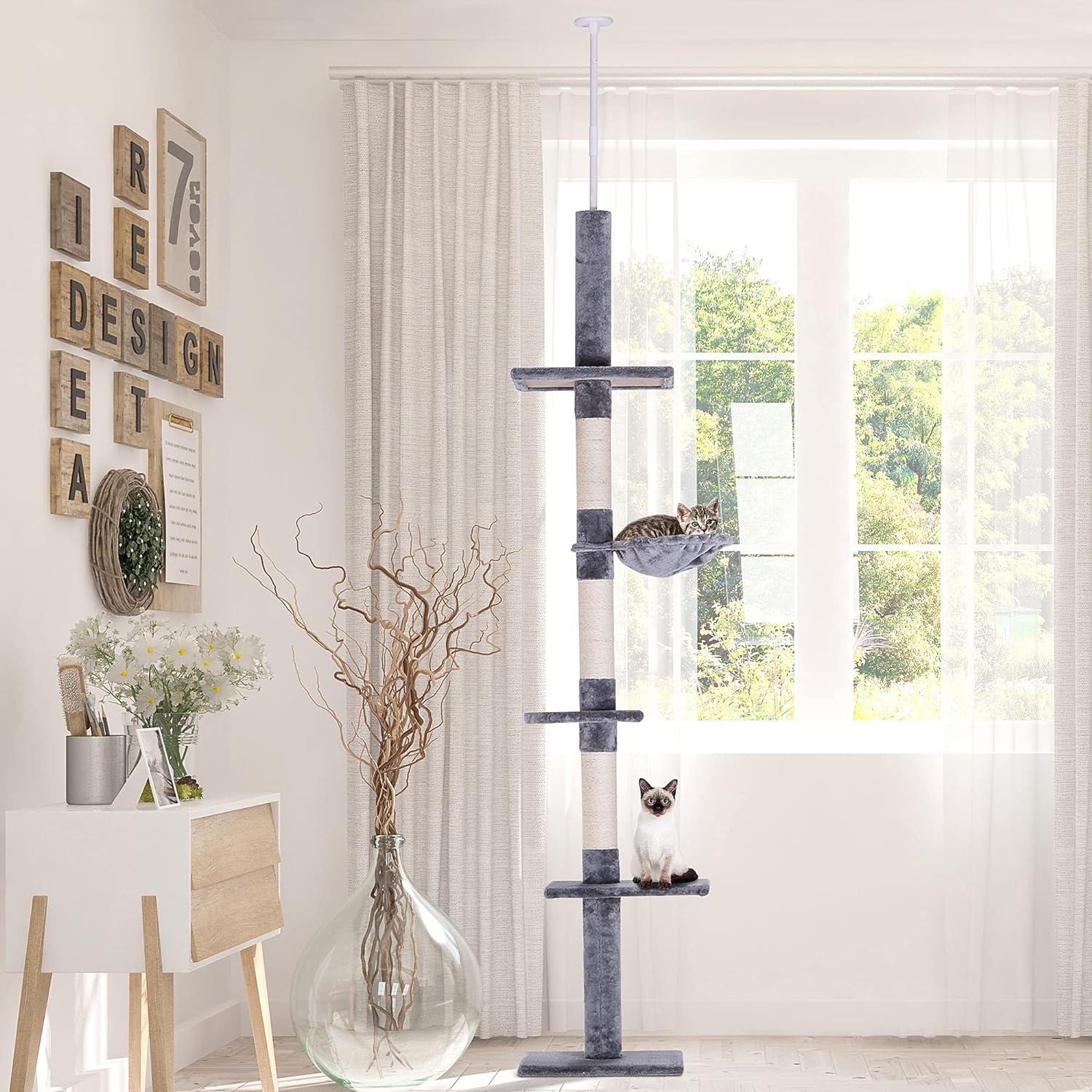 Gray and White Adjustable Height 5-Tier Cat Tree with Sisal Rope