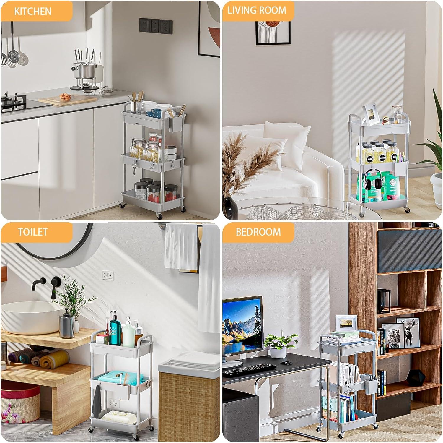 3 Tier Rolling Utility Cart with Drawer,REBECAT Utility Cart Made of Multifunctional Storage Organizer Tool for Kitchen,Bathroom,Living Room,Office(Gray)
