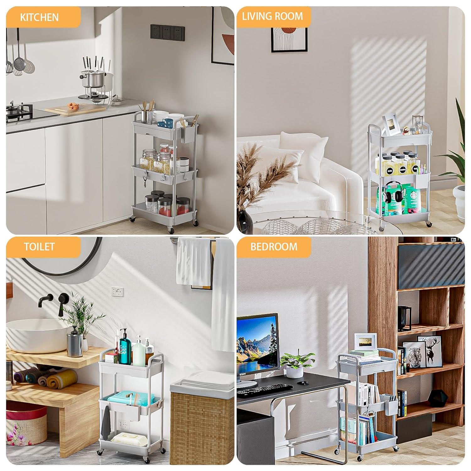 3 Tier Rolling Utility Cart with Drawer,REBECAT Utility Cart Made of Multifunctional Storage Organizer Tool for Kitchen,Bathroom,Living Room,Office(Gray)