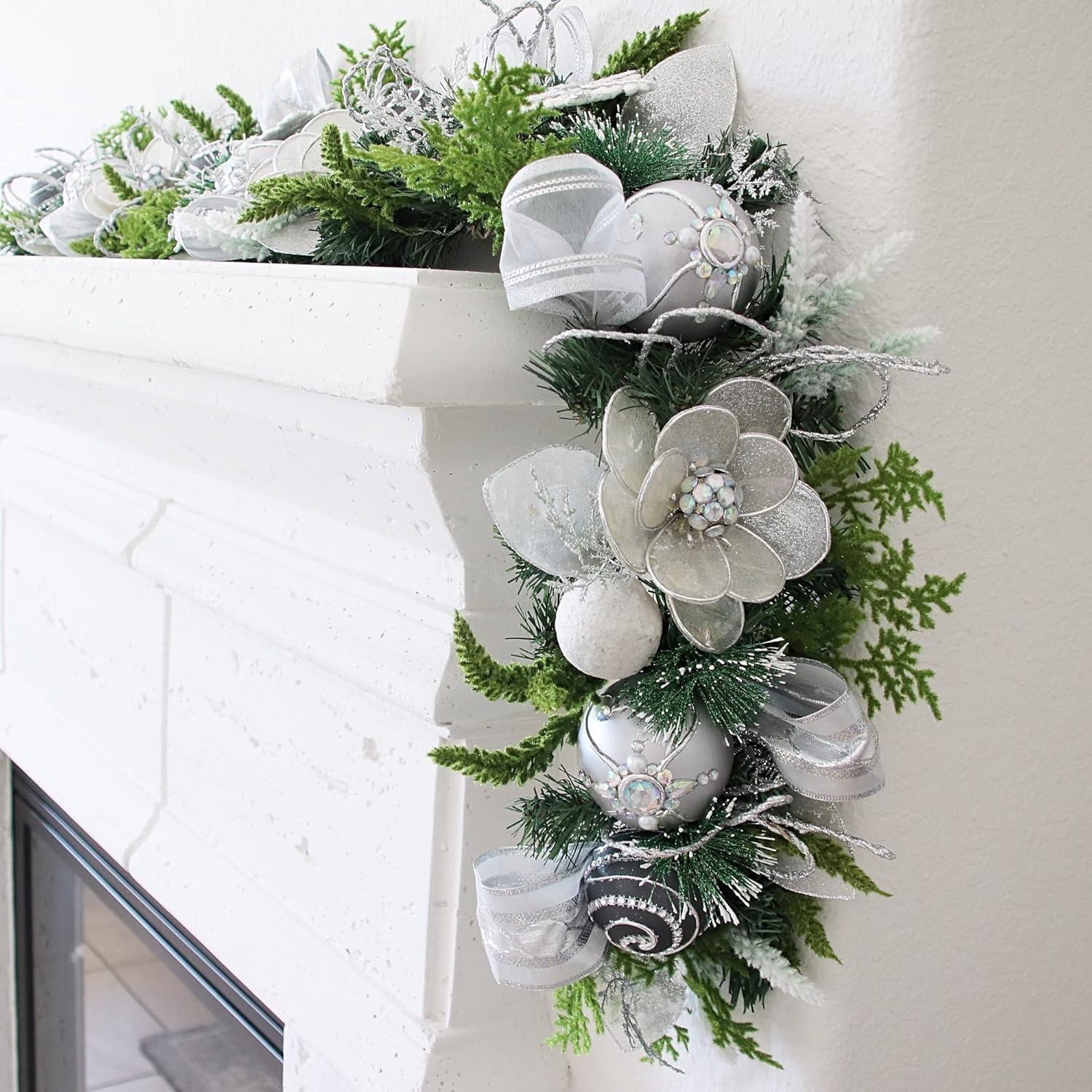 5ft Silver White Capiz Shell Christmas Garland with Faux Greenery