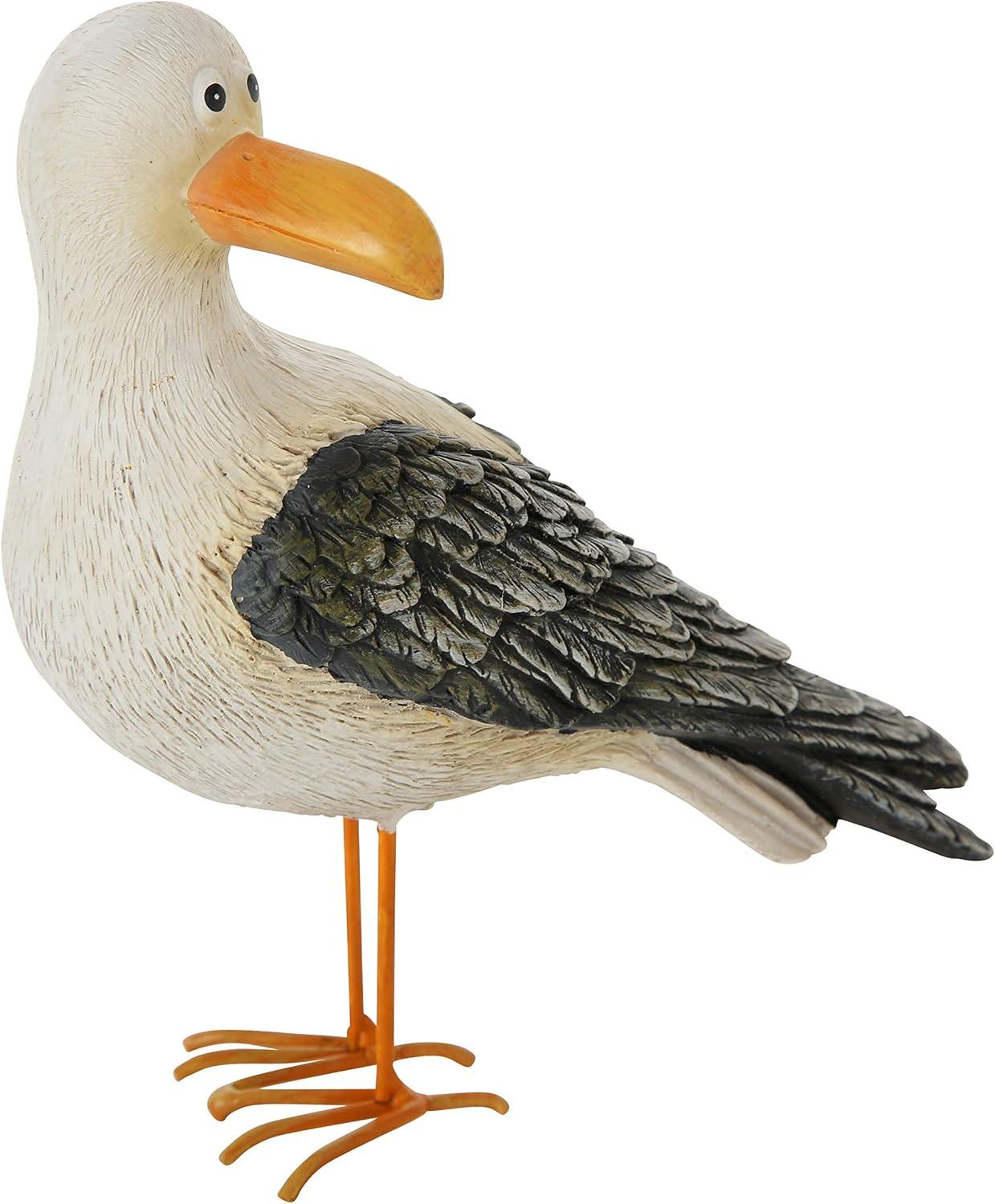 2 Piece Sea Gulls, Bird Figurine Set, White, Gray, and Orange, Handcrafted, Painted, Cast Poly Resin,  Iron Legs, 7.0 L x 2.75 W x 6.0 H Inches