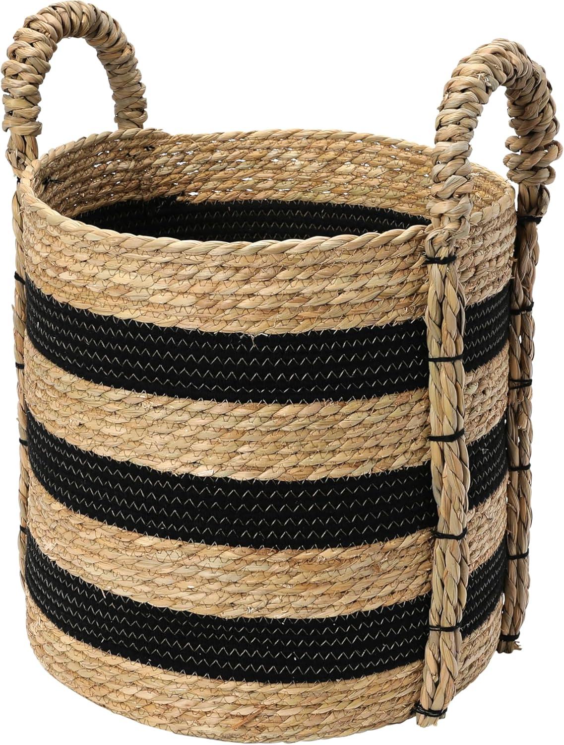 Household Essentials Braided Handle Basket Black/Natural: Large Round Seagrass Decorative Wicker Basket 20.1" Height