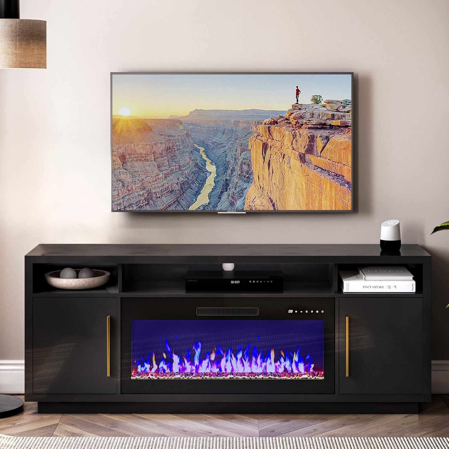 BELLEZE Fireplace TV Stand for TVs Up To 75", Entertainment Center with 36" Electric Fireplace, LED Ambient Lighting, and Storage, Media Console Table 69 Inch - Avenue (Black)