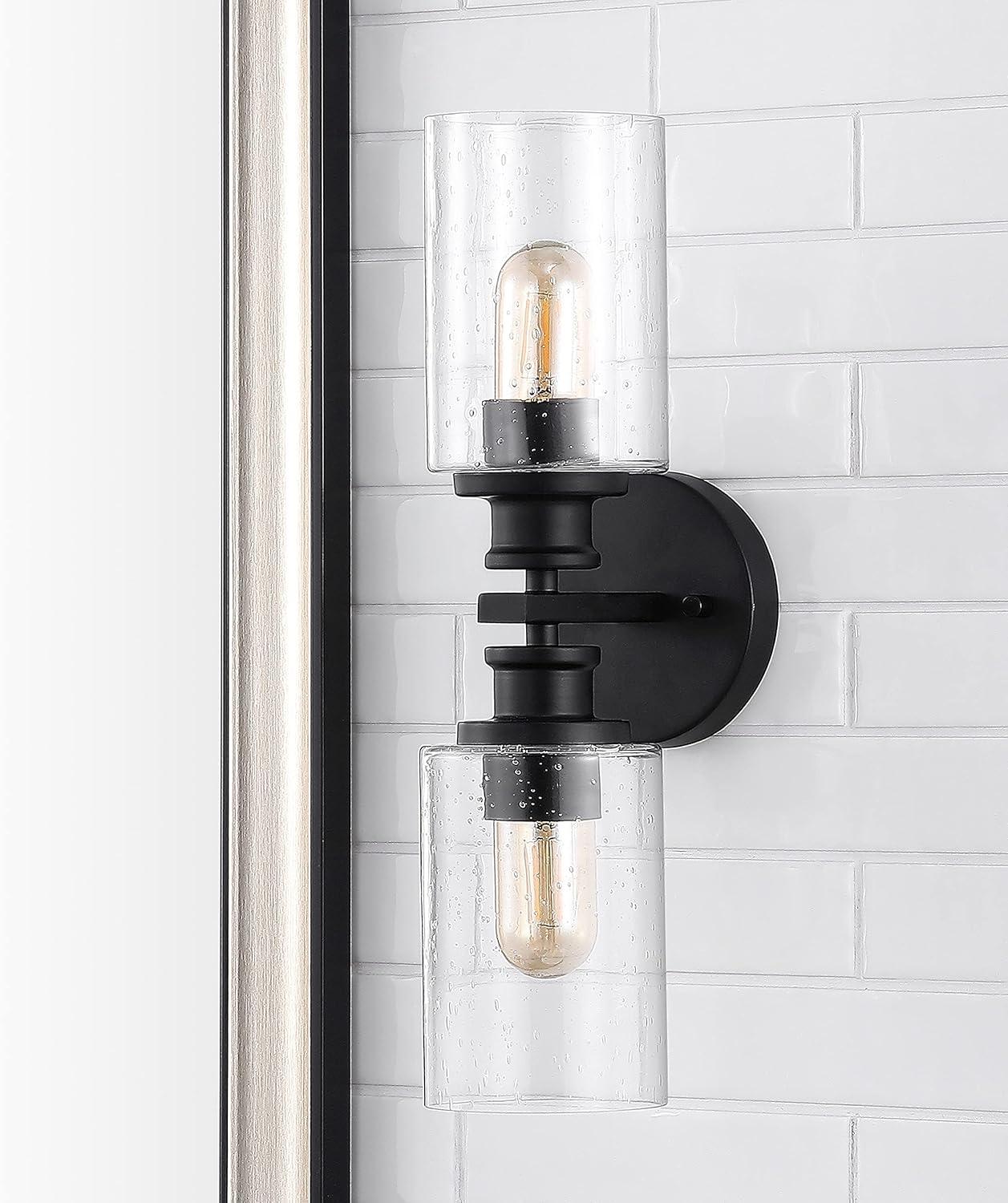 JONATHAN Y Jules Edison 16.5" Cylinder 2-Light Iron/Seeded Glass Farmhouse Contemporary LED Wall Sconce, Black