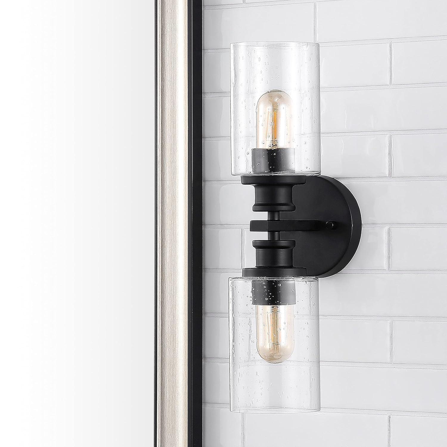 JONATHAN Y Jules Edison 16.5" Cylinder 2-Light Iron/Seeded Glass Farmhouse Contemporary LED Wall Sconce, Black