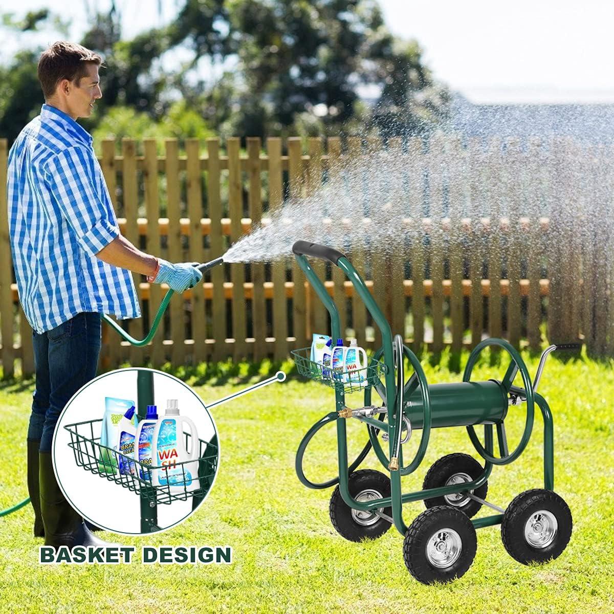 Dkeli Hose Reel Cart Garden Hose Carts with Wheels Heavy Duty Portable Water Hose Cart 4 Wheels Outdoor Yard Lawn Planting Truck with Storage Basket, Green