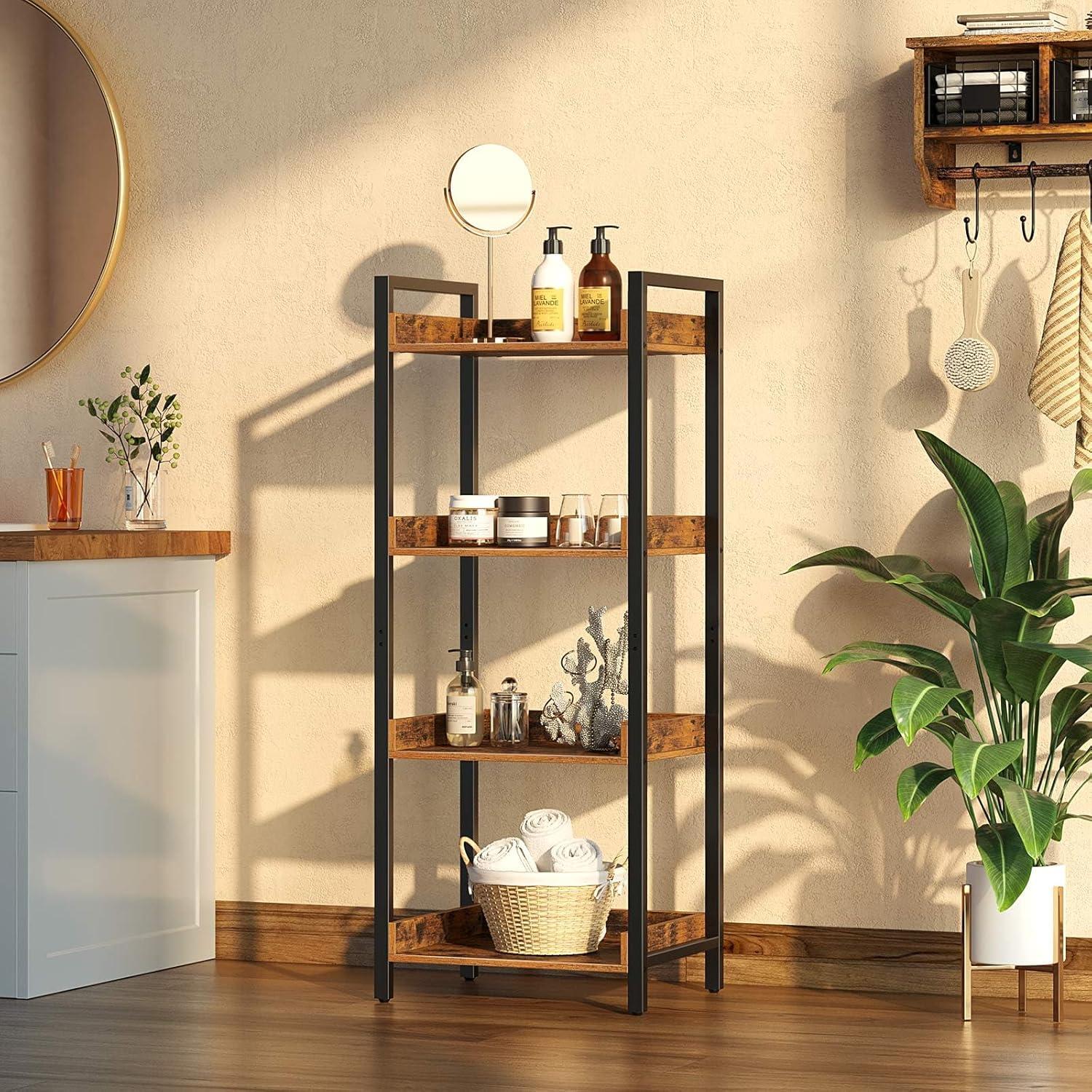 Rolanstar Bookshelf, 4-Tier Storage Rack, Narrow Corner Bookshelf, Display Wooden Shelves for Living Room, Bathroom, Balcony, Kitchen,Rustic Brown