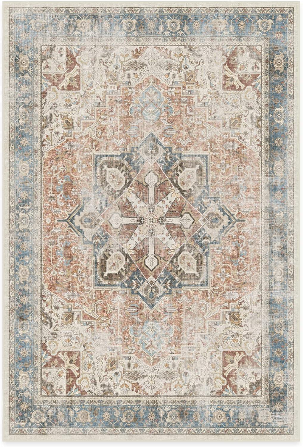 Kamran Blue and Coral Washable Synthetic 6' x 9' Area Rug