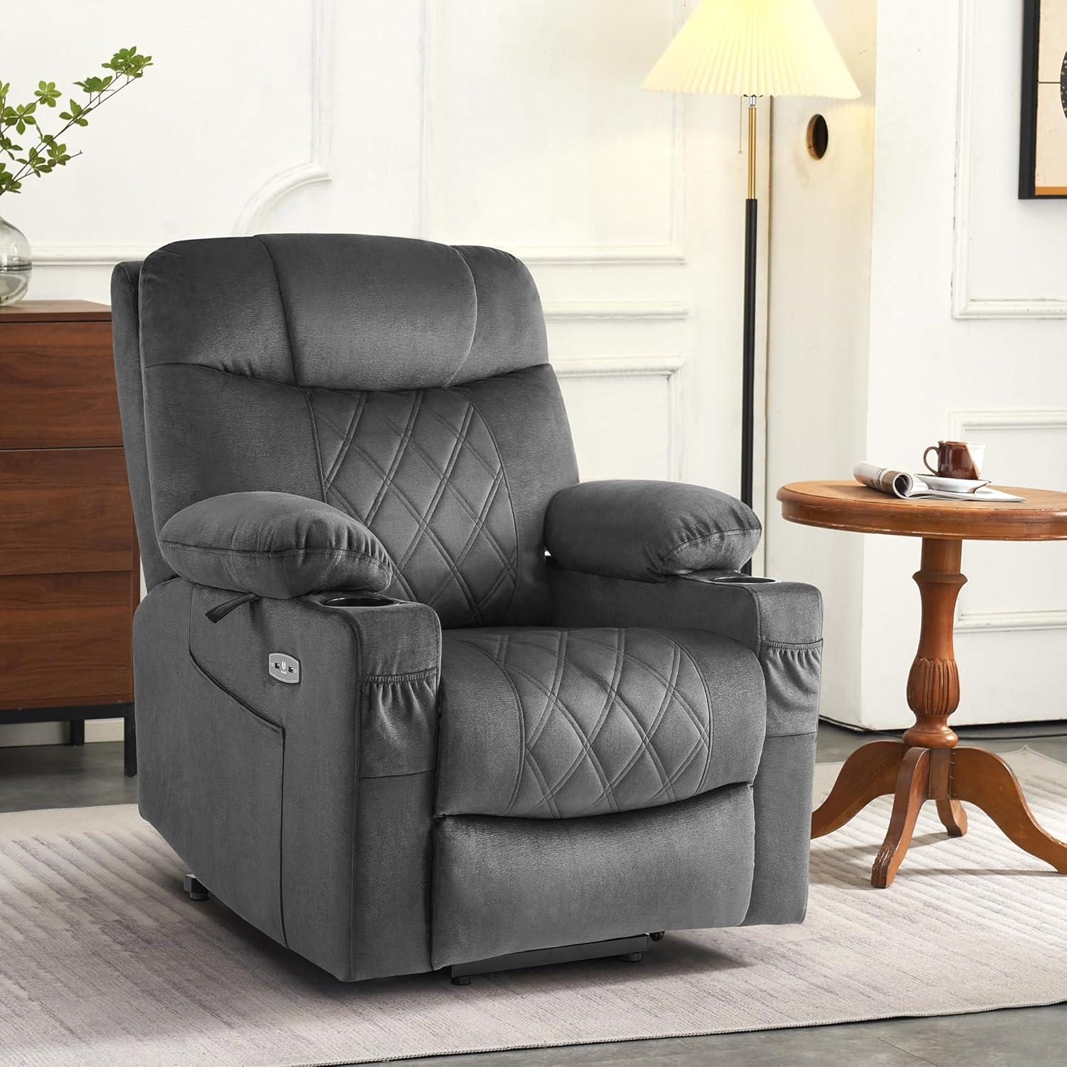 MCombo Small Size Triple Motor Power Lift Recliner Chair Sofa with Massage and Dual Heating, Adjustable Headrest for Elderly People Petite, USB Ports, Extended Footrest, Fabric 7222 (Dark Grey)