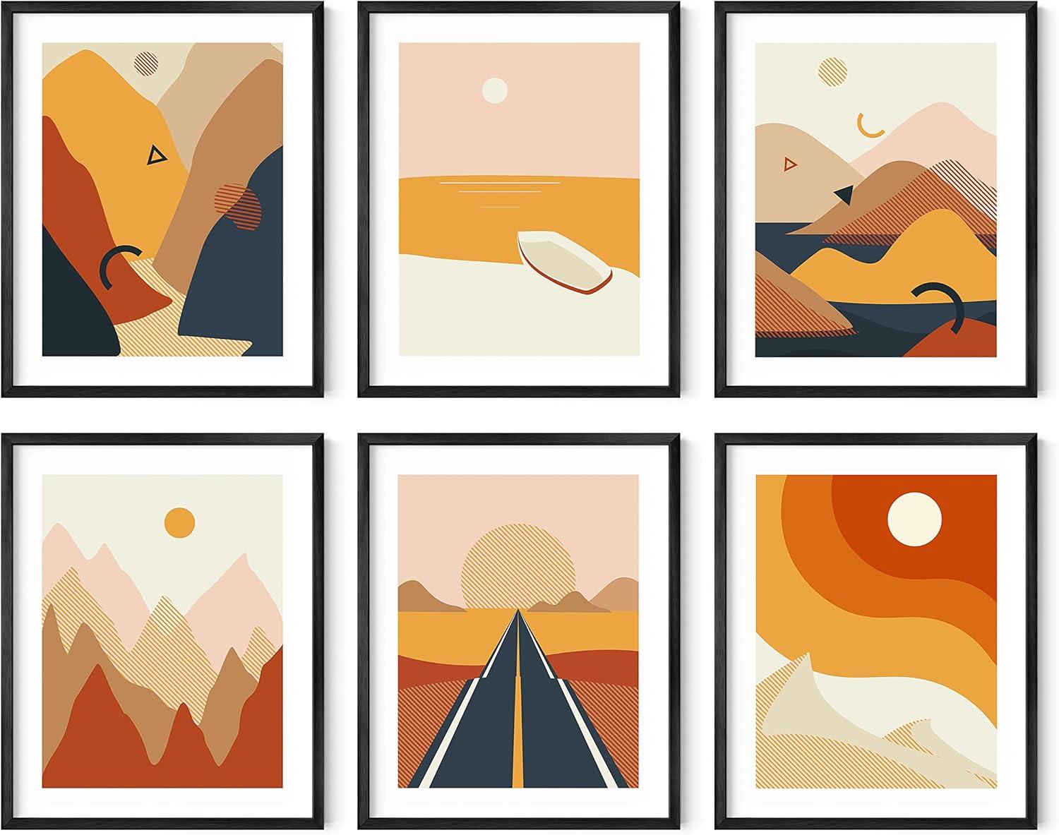 HAUS AND HUES Abstract Minimalist Landscape Wall Art Prints - Set of 6 Modern Aesthetic Mountain Wall Art Posters, Minimal Geometric Nature Paintings, Minimalist Wall Art (8x10, Framed Black)