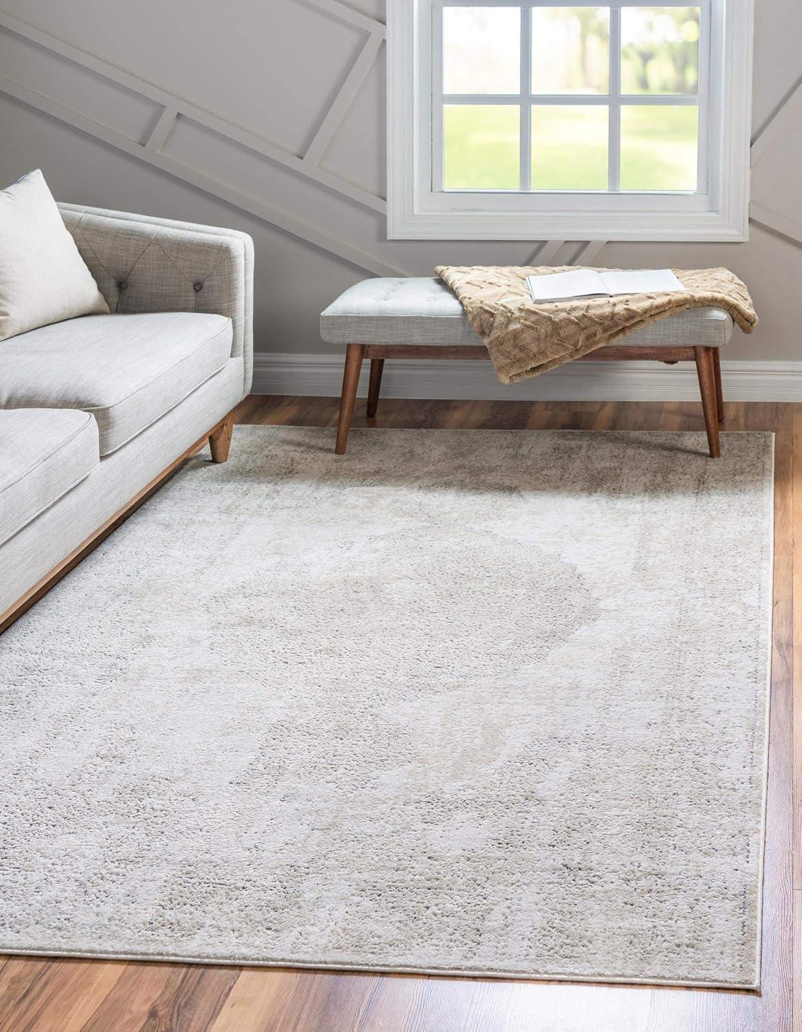 Ivory Geometric Low-Pile Synthetic 4' x 6' Area Rug