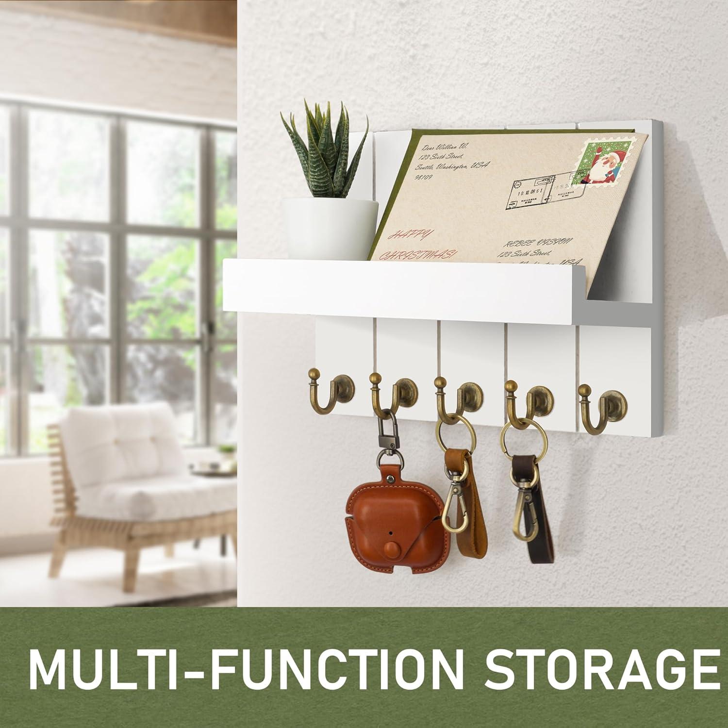 Rebee Vision Key Holder Wall Mount - Decorative Key and Mail Organizer for Wall with Shelf - Entryway and Living Room Decor(White)