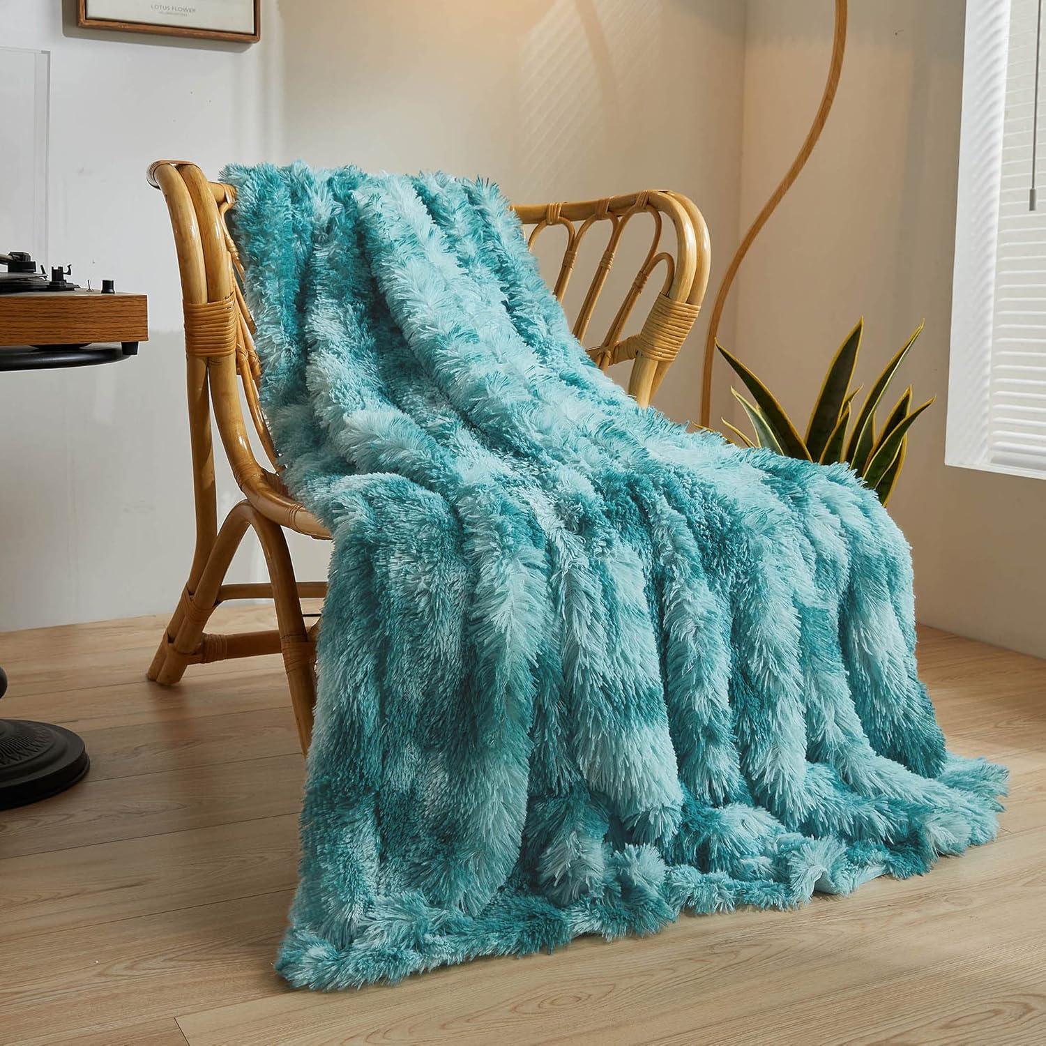 Teal Tie-Dye Faux Fur Sherpa Reversible Throw Blanket