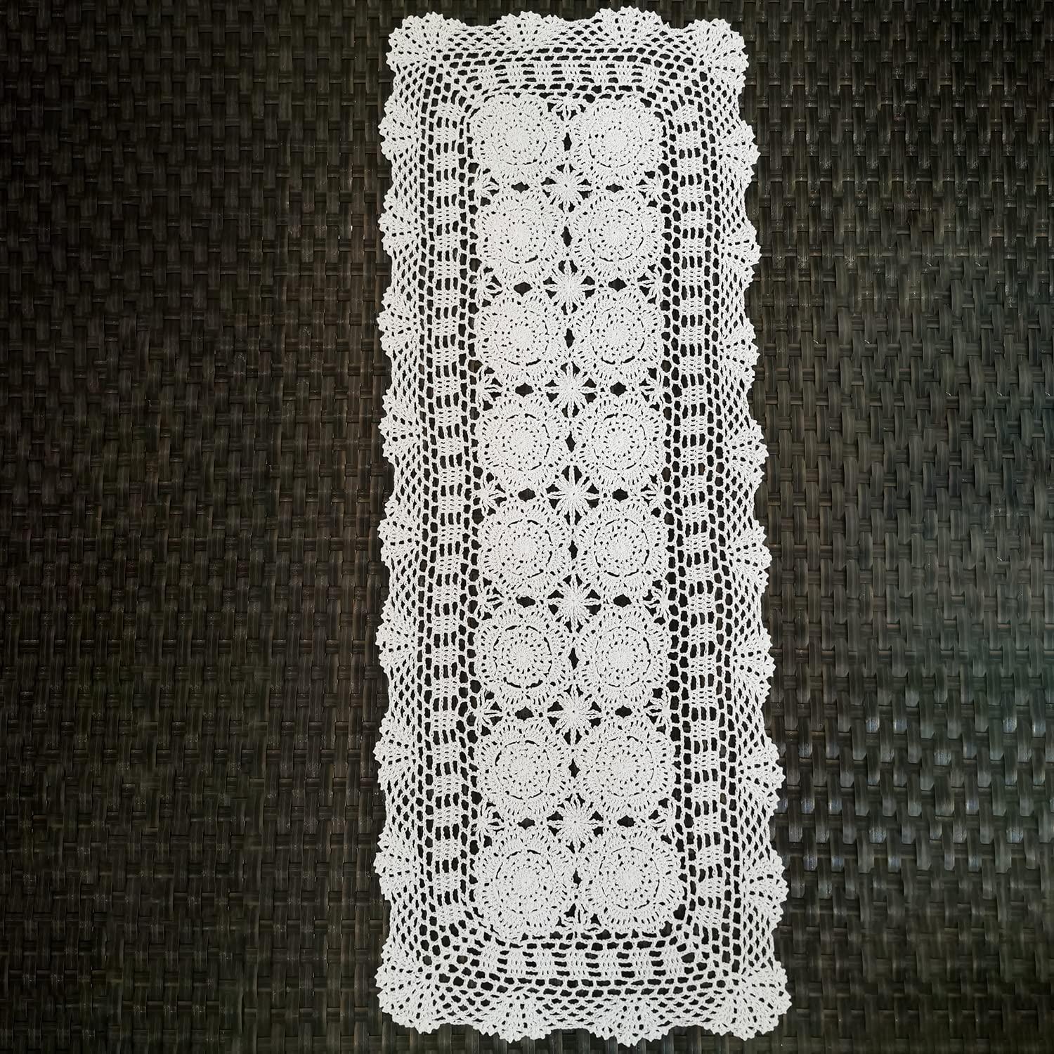 Phantomon Lace Table Runner Rectangular Table Cover Cloth Handmade Crochet Floral Placemats 100% Cotton (Floral Beige, 15x28Inch)
