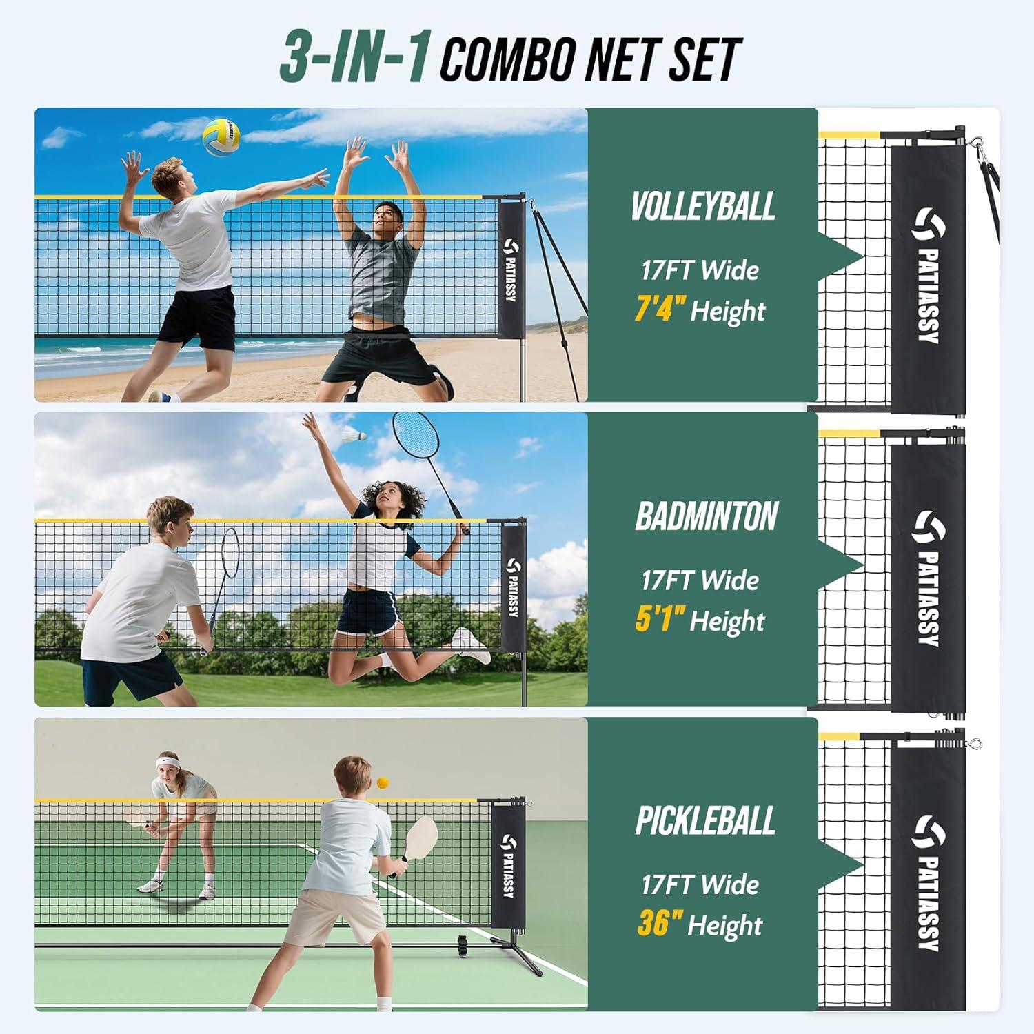 17FT Badminton Volleyball Combo Net Set for Backyard, 5.1ft-7.4ft Adjustable Heigh Portable Sports Net with Poles, 4 Badminton Rackets, 3 Shuttlecocks and Volleyball for Driveway Game
