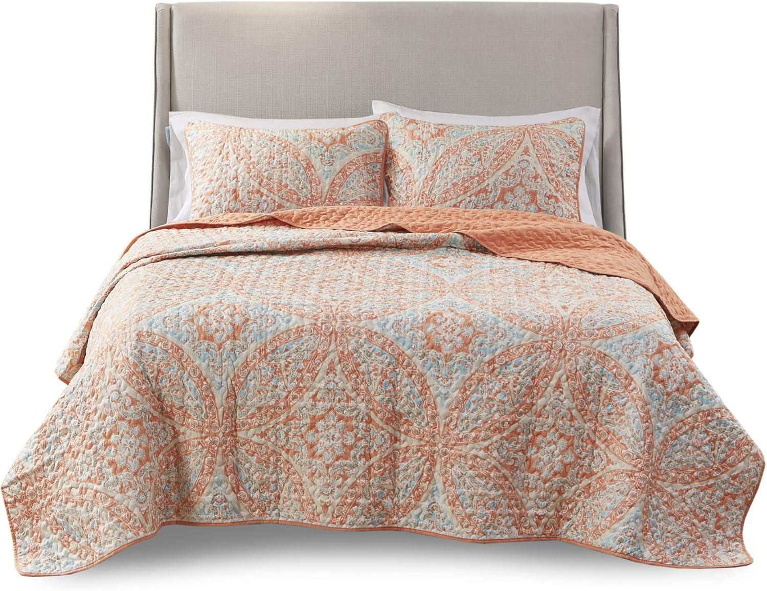 Gloria Damask Coral Reversible Microfiber Quilt Set Full