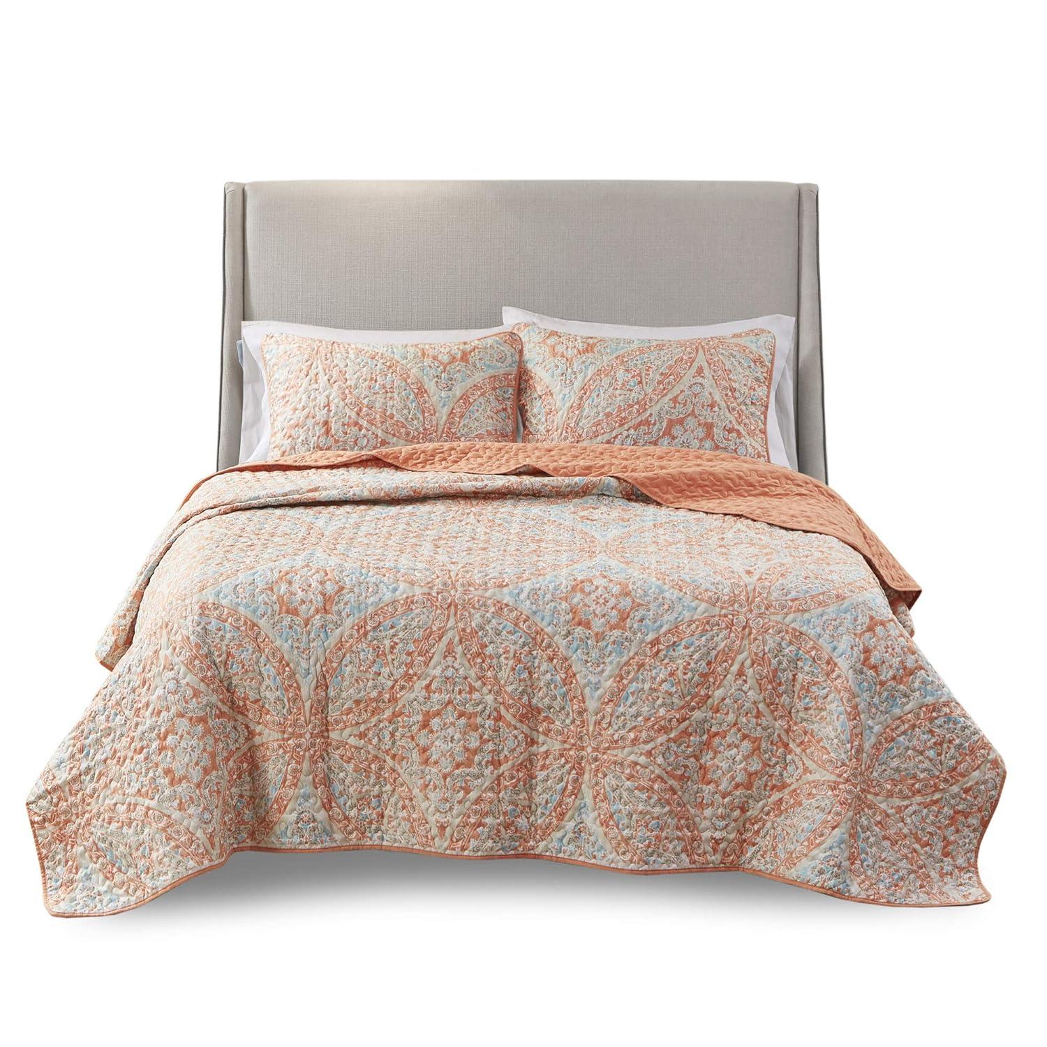 Gloria Damask Coral Reversible Microfiber Quilt Set Full