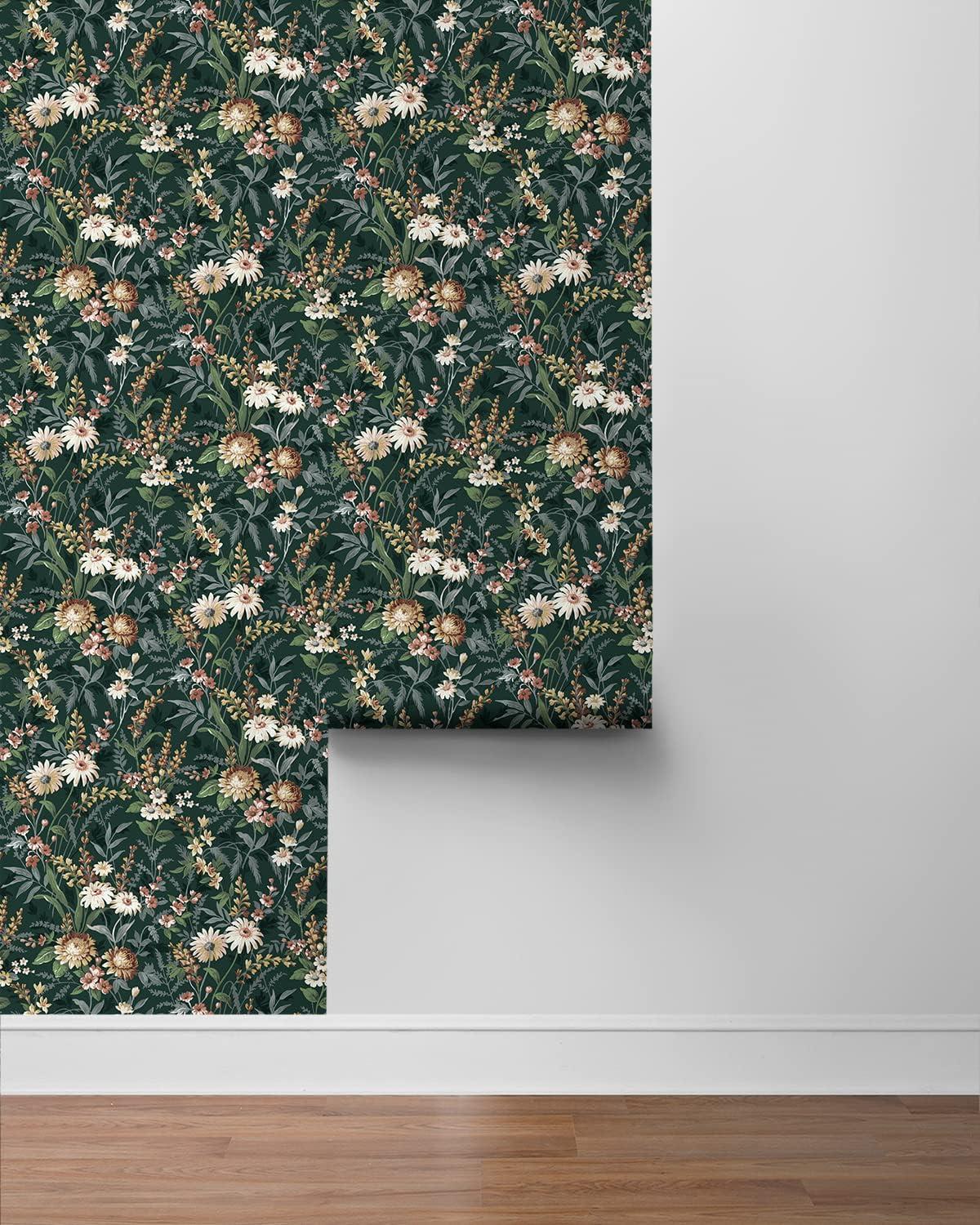 NextWall  Vintage Floral Peel and Stick Wallpaper 20.5 in. W x 18 ft. L - Forest Green