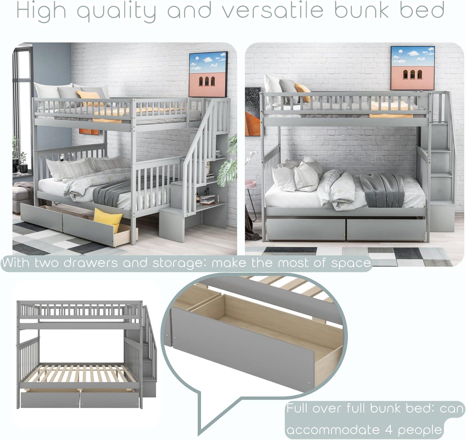 Full Over Full Bunk Beds with Drawers and Stairs Stairway Bunk Bed Frame with Storage Shelves for Kids Teens Adult, Wood Full Bunk Bed for Boys Girls Adults, Gray
