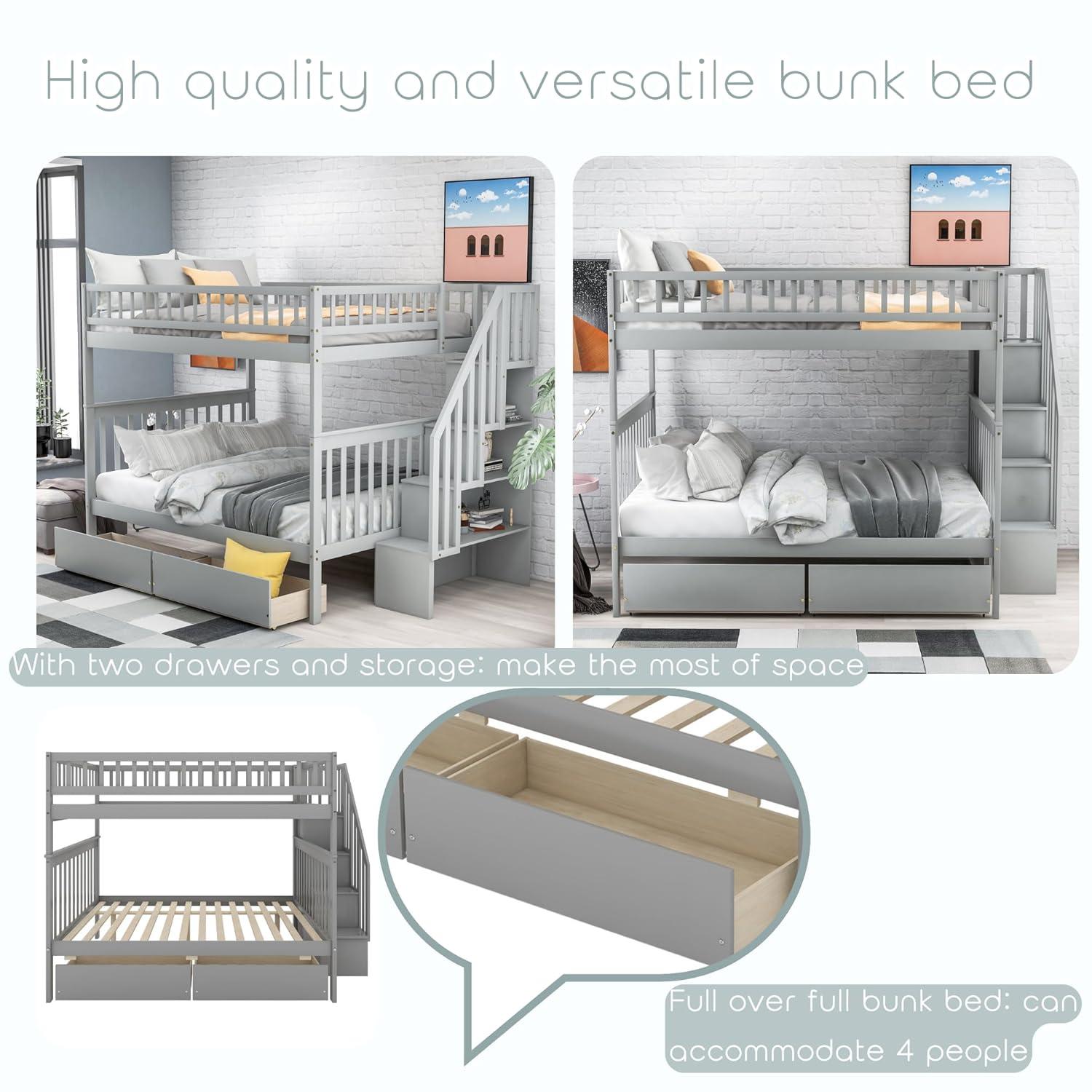 Full Over Full Bunk Beds with Drawers and Stairs Stairway Bunk Bed Frame with Storage Shelves for Kids Teens Adult, Wood Full Bunk Bed for Boys Girls Adults, Gray