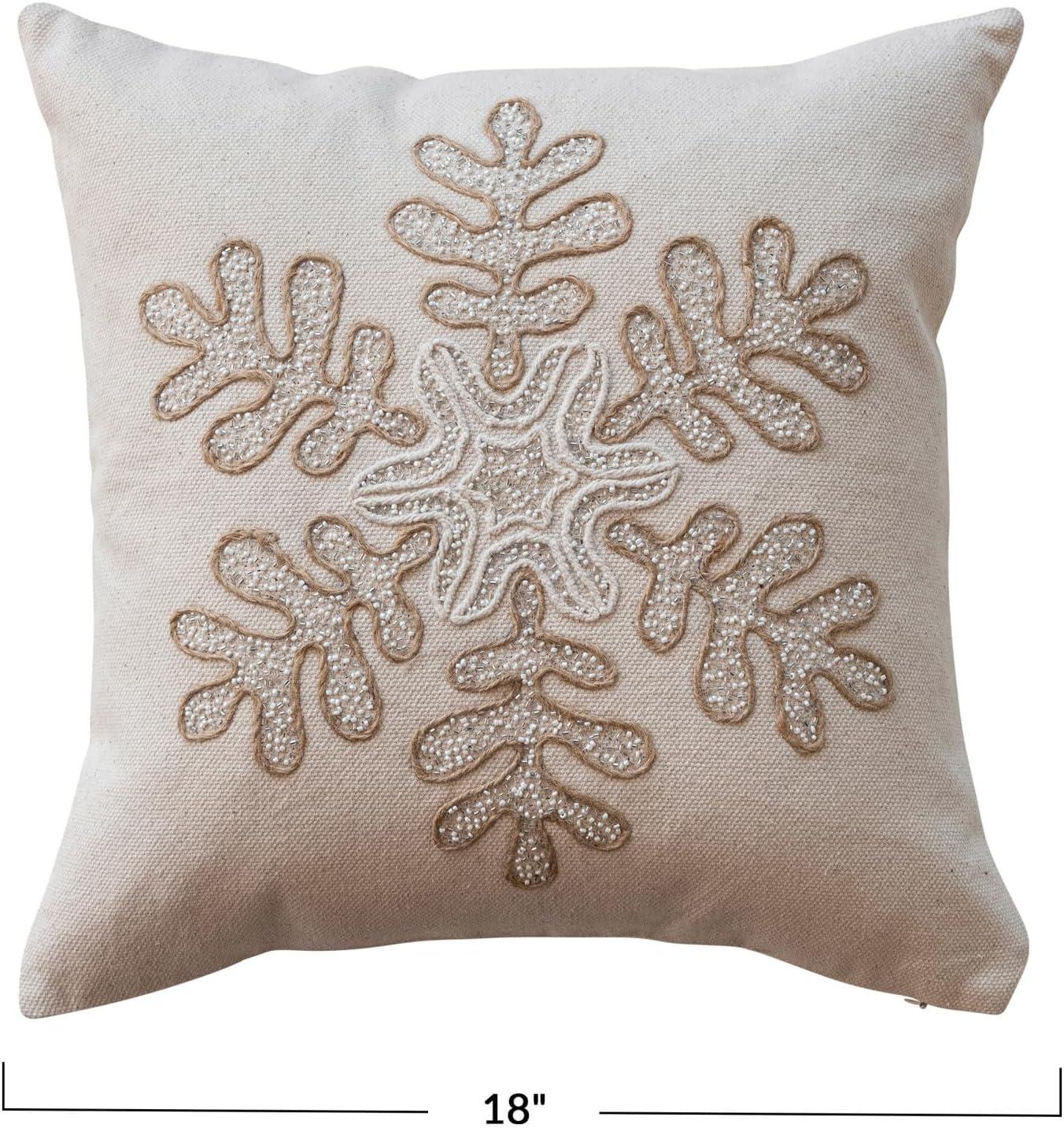 Natural White and Gold Embroidered Snowflake Cotton Pillow