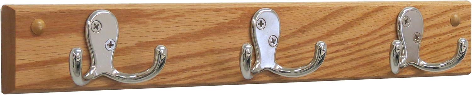 Light Oak Wall Mounted Coat Rack with Nickel Hooks