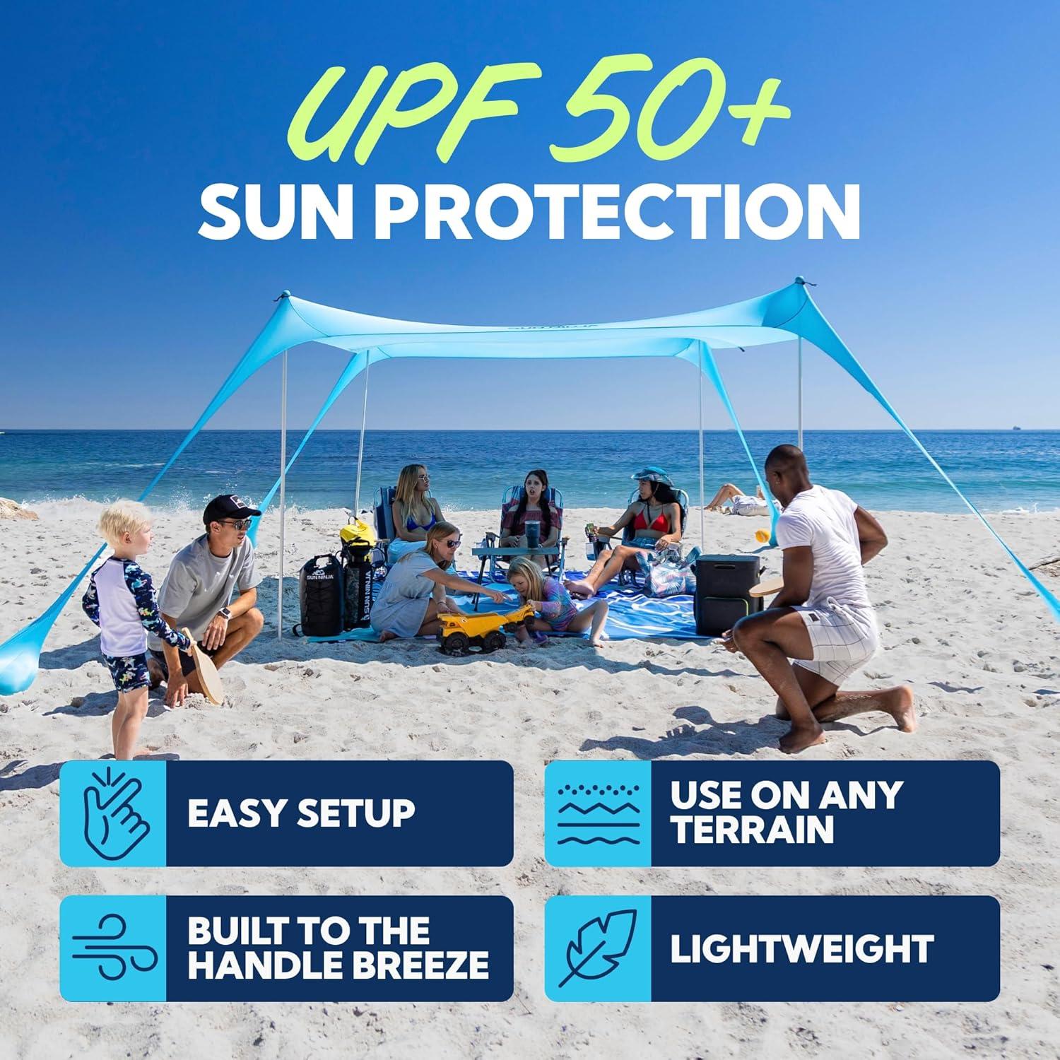 SUN NINJA 7x7.5 FT Pop-Up Beach Tent with Sand Shovel, Pegs & Stability Poles – Navy Blue Sun Shelter for Beach, Camping & Outdoor Use