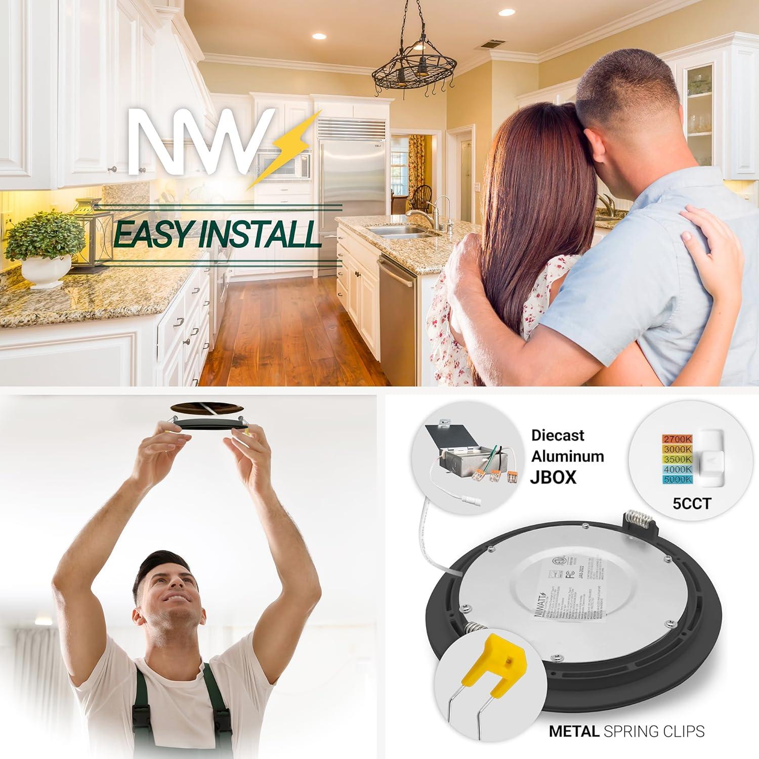 NuWatt 4 Inch Adjustable Recessed LED Ceiling Light,12 Pack 9W, Thin Fixture, 5CCT Selectable: 2700K-5000K, 630 lumens, 120V, Dimmable, IC Rated, w/ Junction Box, Black Trim