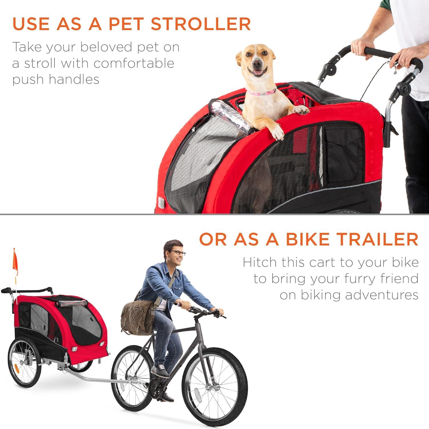 Best Choice Products 2-in-1 Dog Bike Trailer, Pet Stroller Bicycle Carrier w/ Hitch, Brakes, Visibility Flag, Reflector