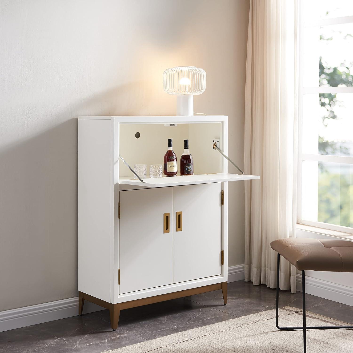 Elegant White and Gold Drop-Lid Hideaway Desk with Storage