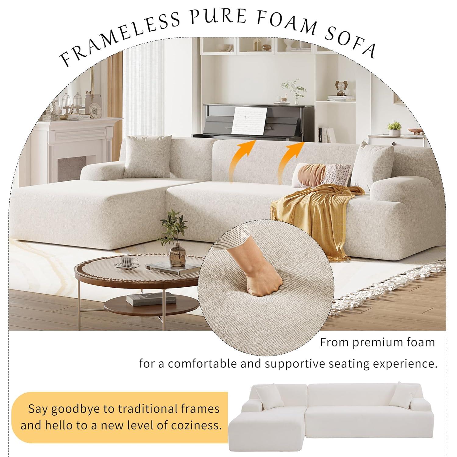 P PURLOVE L-Shape Sectional Sofa, Modern Minimalist Style Sectional Sofa Couch with 2 Free Pillows, 3-Seat Chenille Fabric Couch with Chaise Lounge for Living Room, Apartment, Office (Beige)