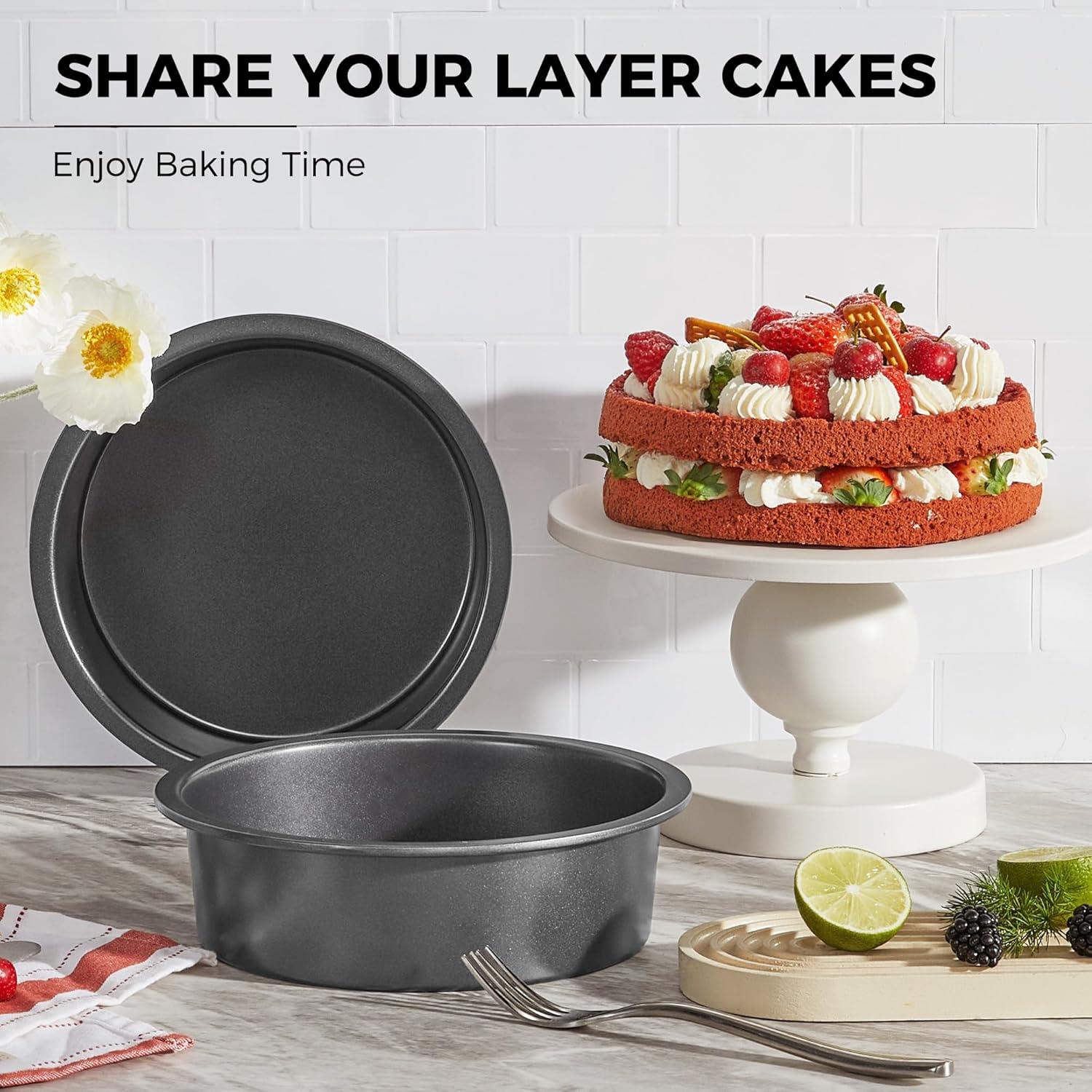 Round Cake Pan Set for Baking - 8 Inch, Nonstick Circle Cake Pans with Wider Grips, 2 Pieces Layer Cake Tin