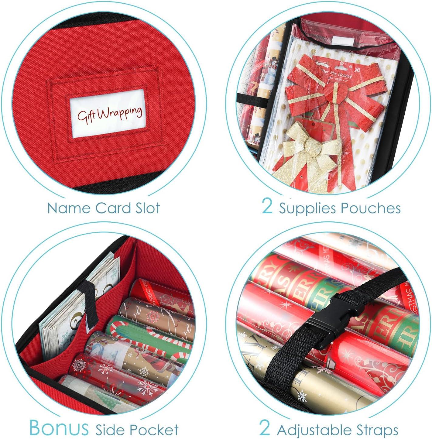 Hearth & Harbor Wrapping Paper Storage Container - Christmas Storage Bag with Interior Pockets - Fits Up to 22 Rolls of 40" - Red