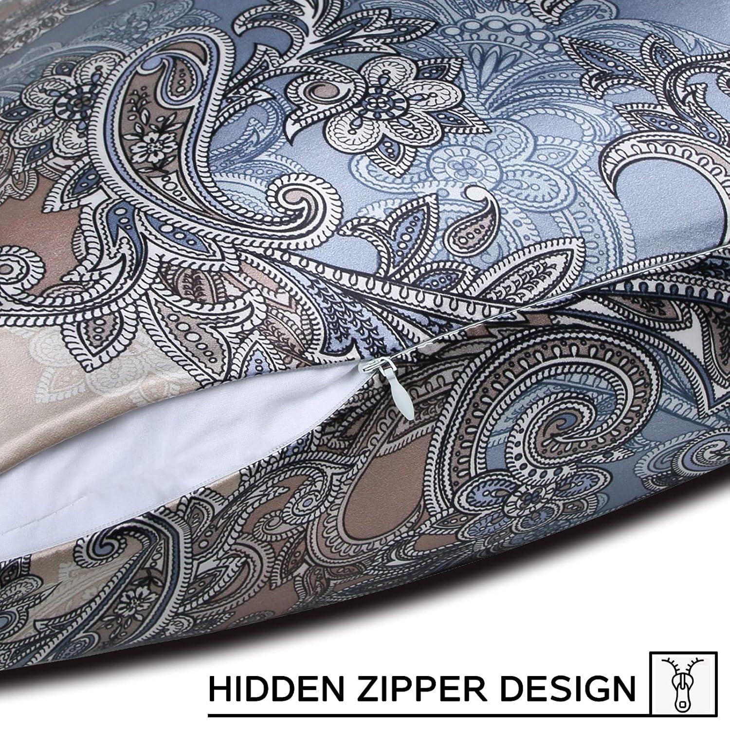 MANSPHIL 22 Momme Silk Paisley Pillowcase, Blue Gray Floral Print, 100% Mulberry Silk Pillow Cases Cover Zipper Closure, Hypoallergenic Beauty Care- Standard Size, 20" x 26"