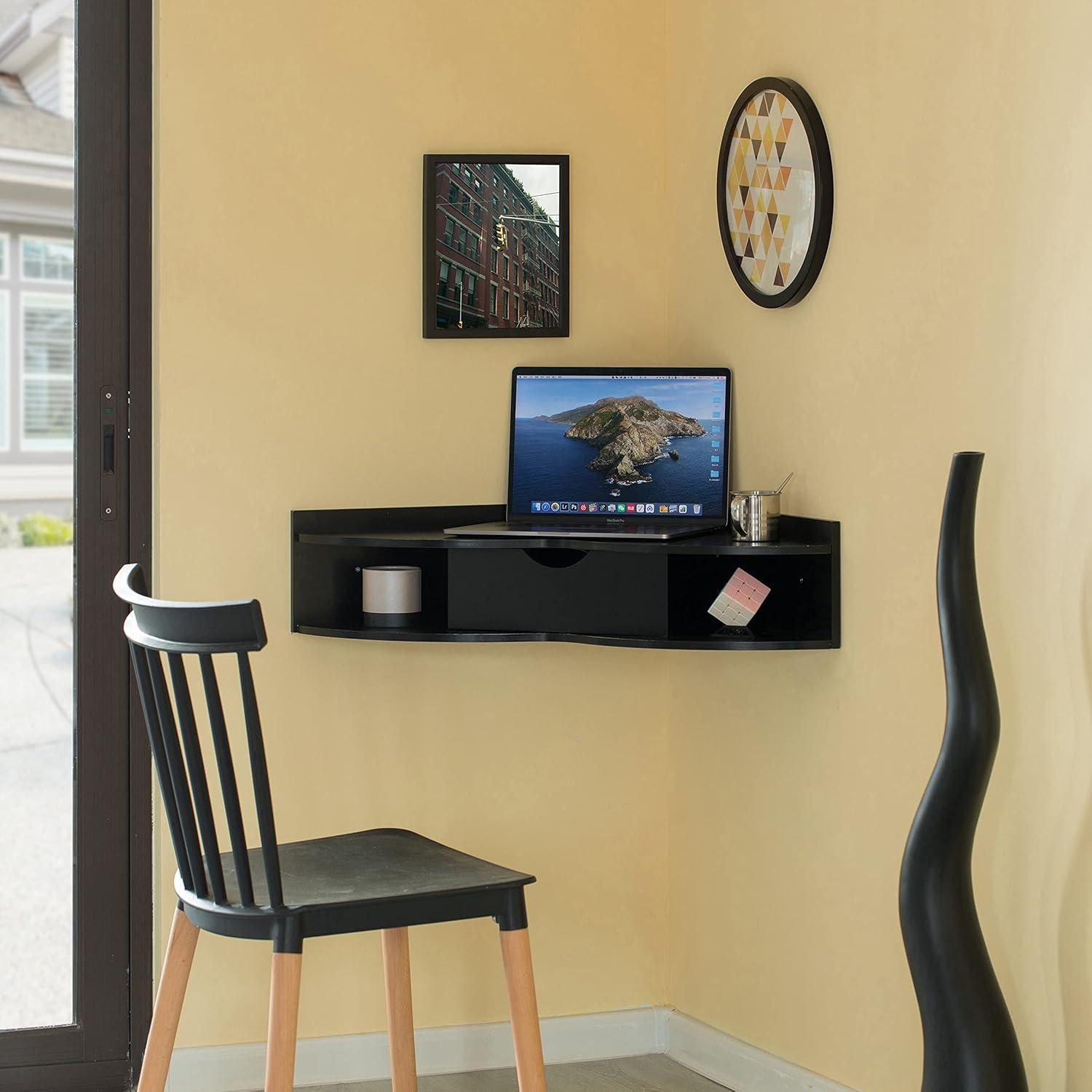 Elegant Heart-Shaped Brown Corner Writing Desk with Drawer and Shelves