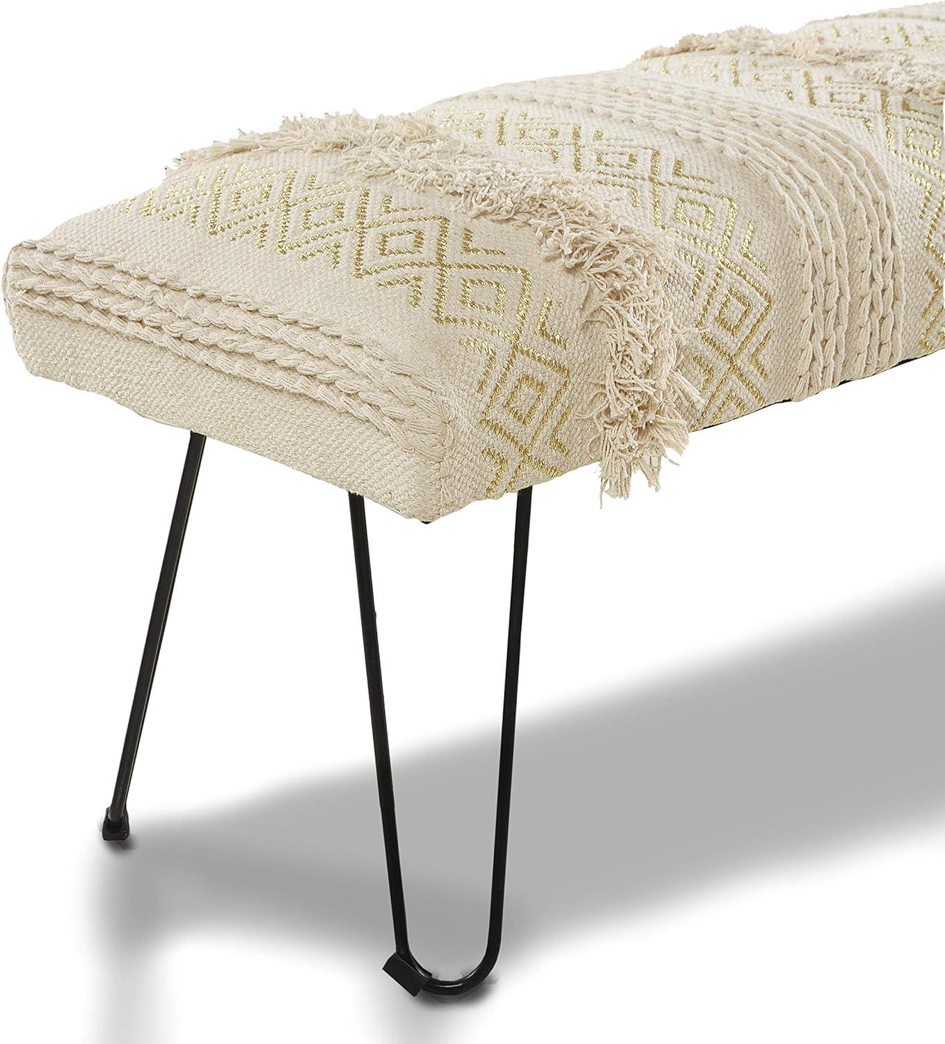 Elegant Beige and Gold Tufted Metal Bench with Geometric Detail