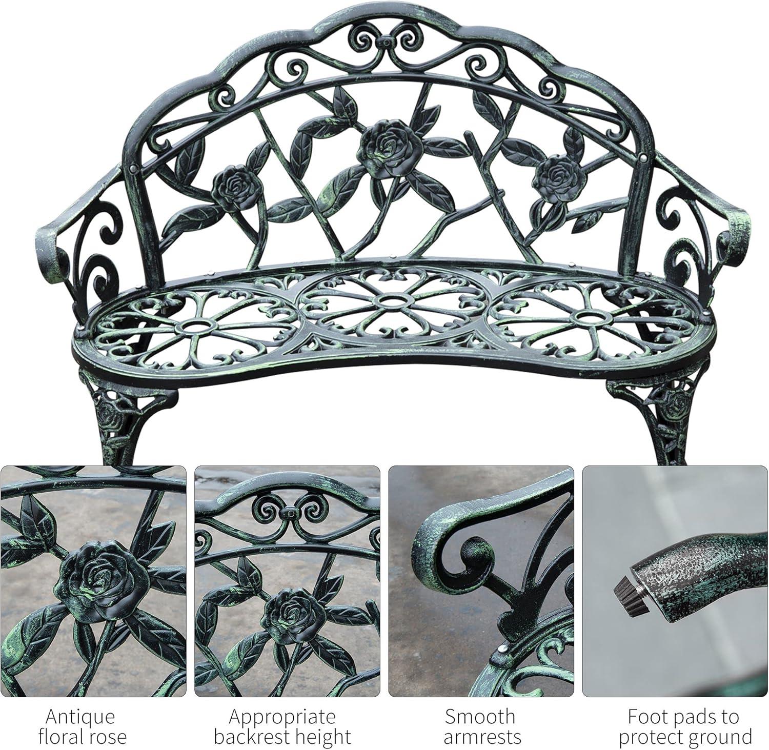 Outsunny Outdoor Bench, Cast Aluminum Outdoor Furniture, Metal Bench with Floral Rose Accent & Antique Finish, Green