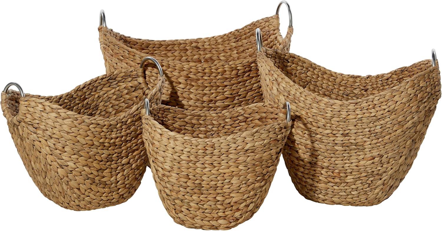 4 Piece Brown Seagrass Handmade Woven Storage Basket with Metal Handles Set