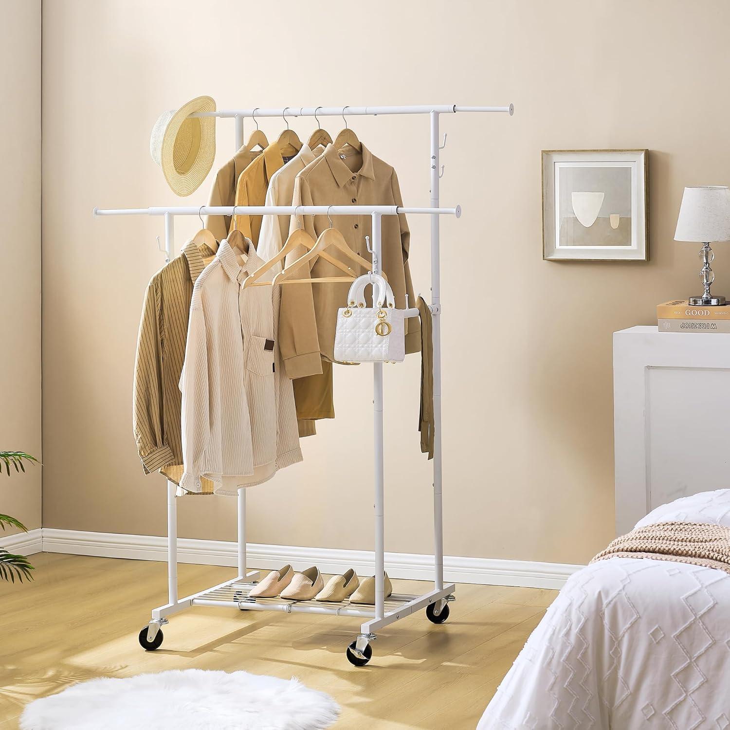 Double Rod Garment Rack, Heavy Duty Clothes Rack with Wheels For Hanging Clothes, Portable Metal Clothing Rack with 10 Hooks and Shelves,White, 64.2in Chrome