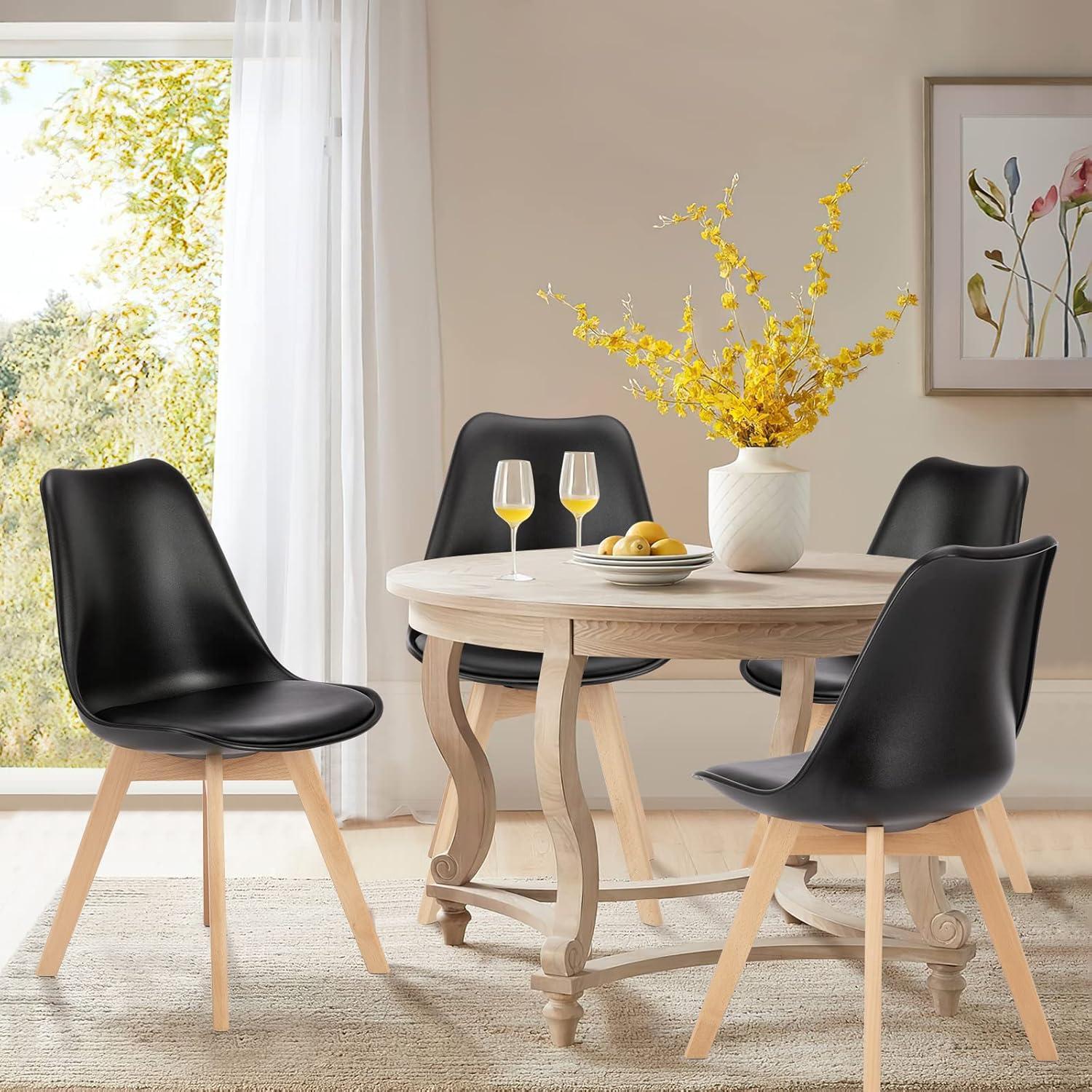 Set of 4 Black Faux Leather and Beech Wood Dining Chairs