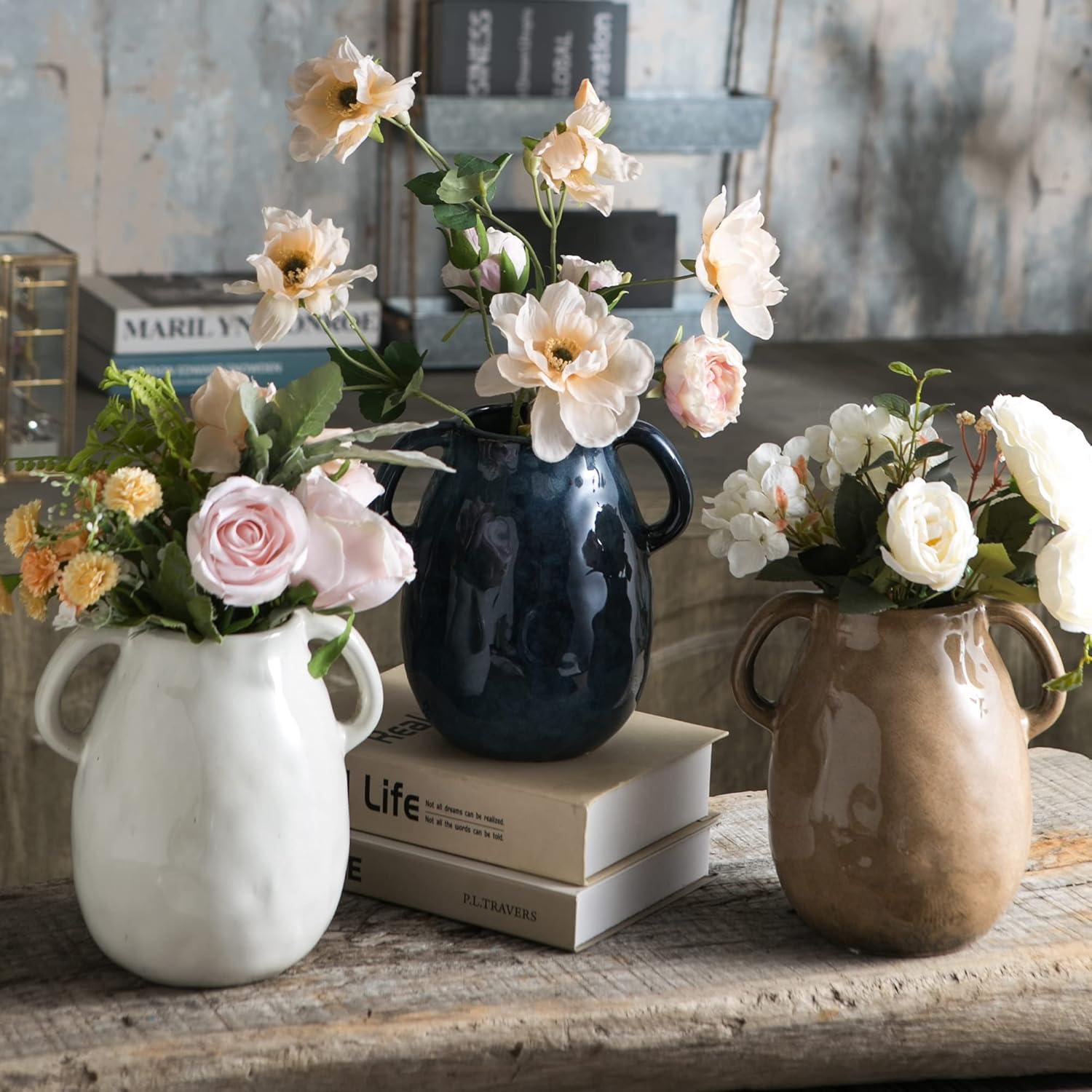 Grey Ceramic Vase with 2 Handles, Modern Farmhouse Vase for Home Decor, Rustic Terracotta Vase, Decorative Pottery Flower Vase, Clay Samll Vase, Centerpieces for Dining Table - 7 Inch Tall