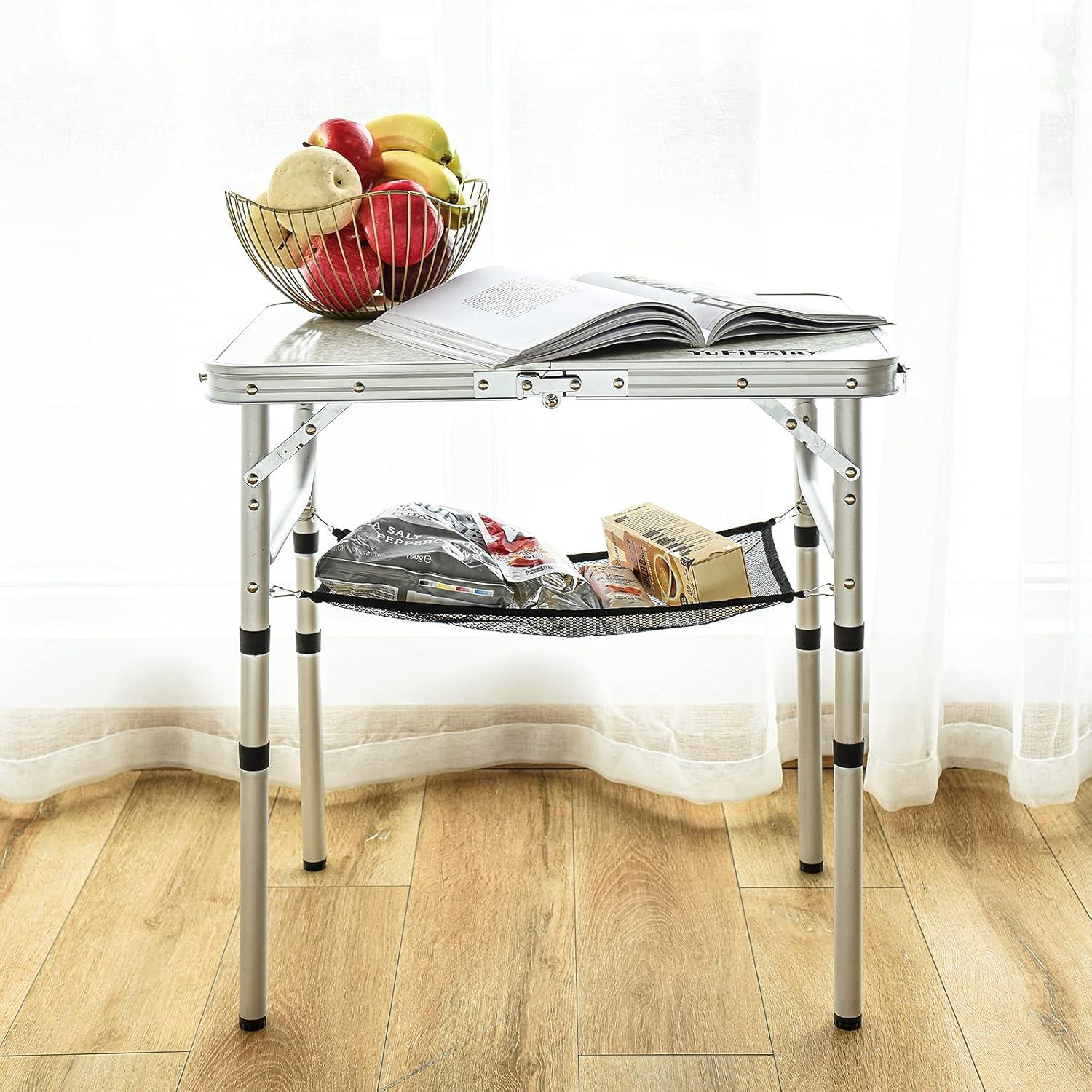 Small Folding Table with Mesh Layer, 3 Adjustable Heights Aluminum Lightweight Portable Folding Table with Extension Legs, Camping Table for RV, Picnic and Indoor