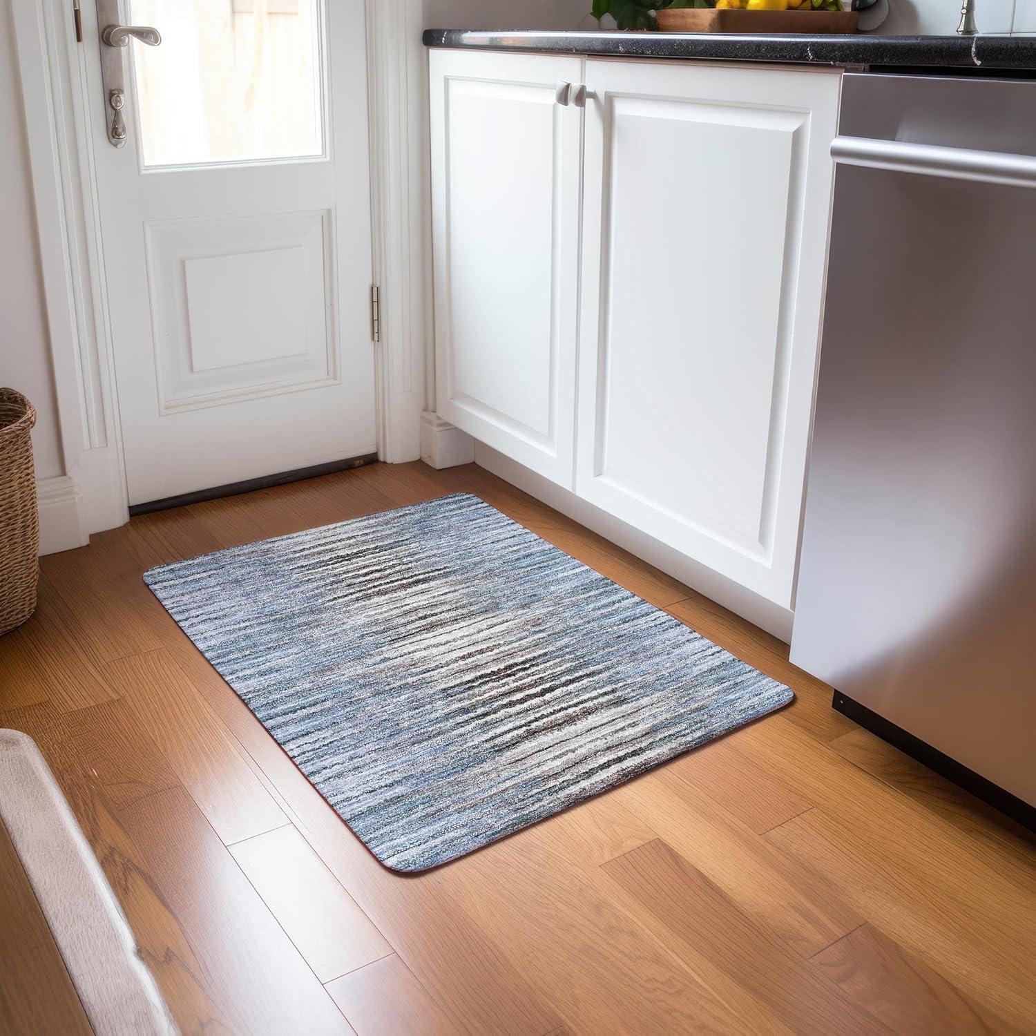 Sky Blue Striped Synthetic Washable Rectangular Rug