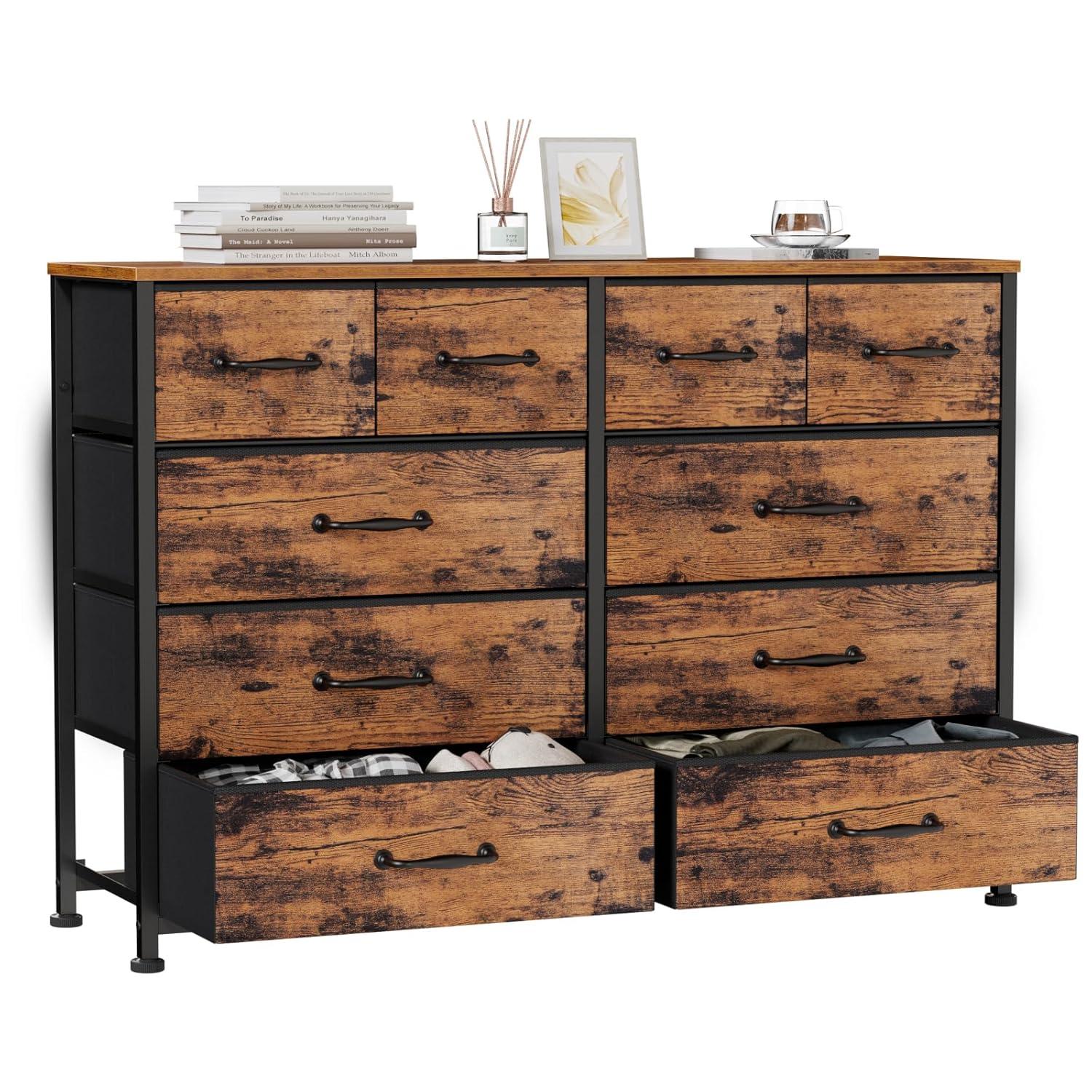 Furnulem Bedroom Dresser for 55”Long TV Stand,10 Storage Organizer Dressers & Chests of Drawers, Sturdy Metal Frame & Wood Top Tall Storage Cabinet for Bedroom Closet Living Room Entryway Rustic Brown